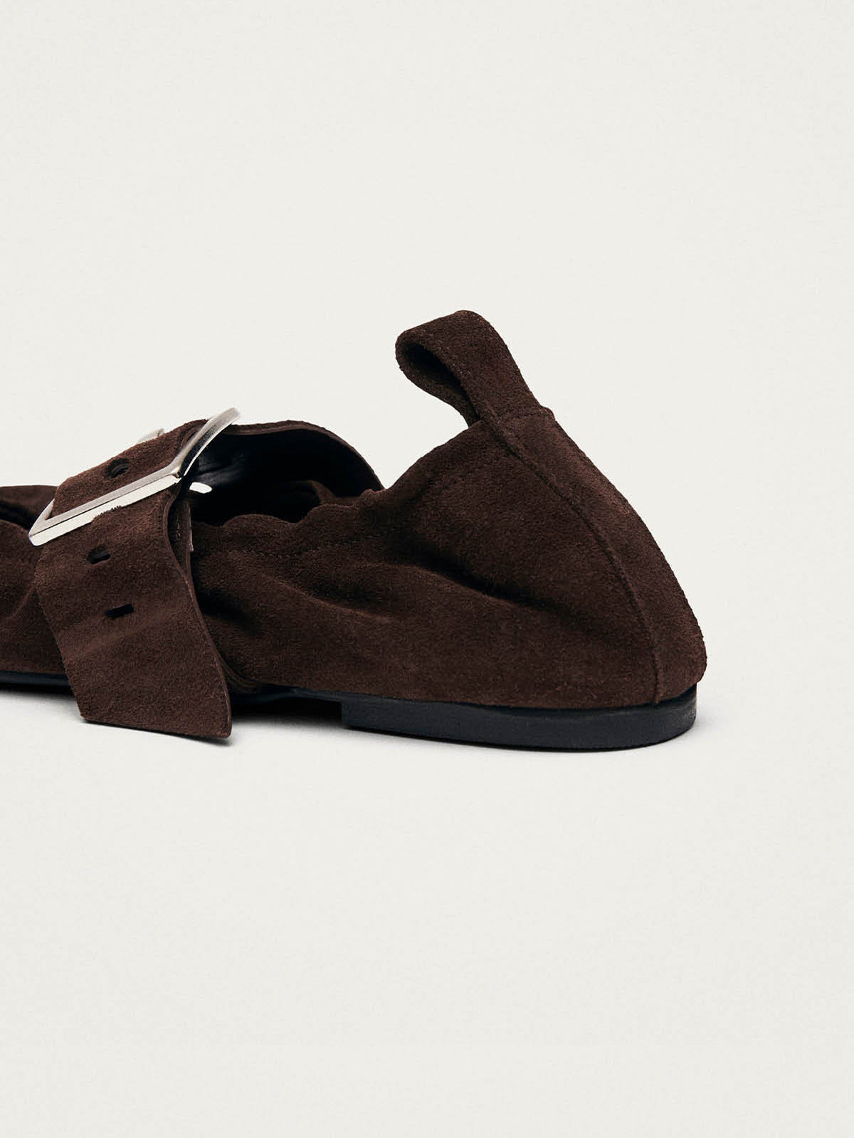 Brown Faux Suede Square-Toe Big Buckle Middle Strap Chic Ballet Flats