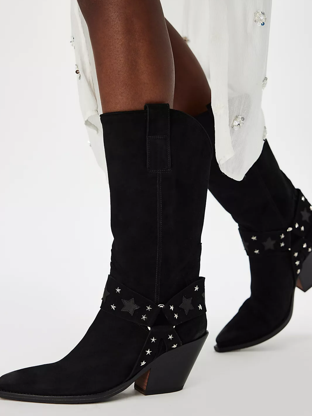 Black Faux Suede Snip-Toe Wide Mid Calf Cowgirl Boots With Star-And-Stud-Adorned Straps