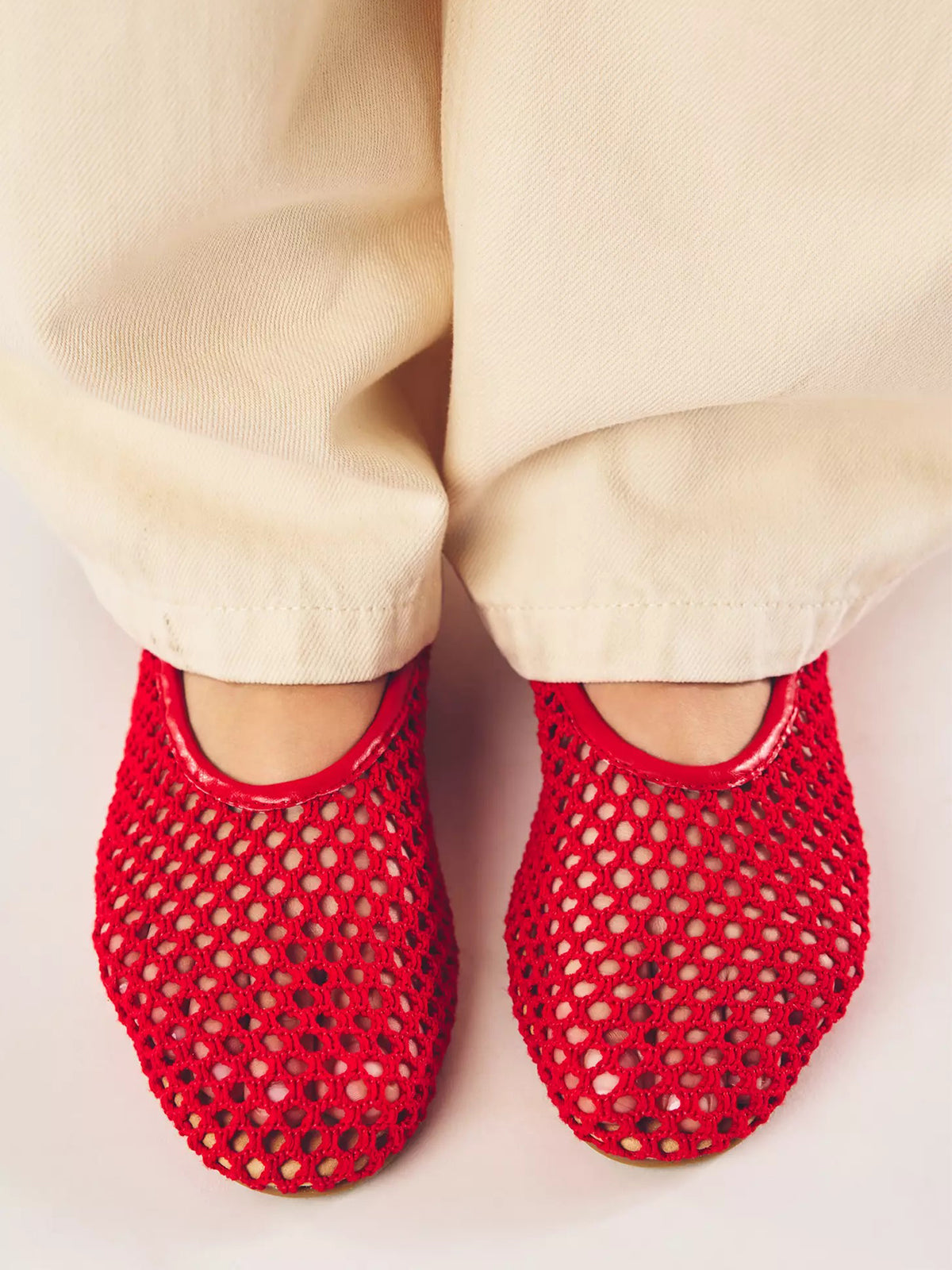Red Woven Mesh Round-Toe Slip-On Classic Ballet Flats