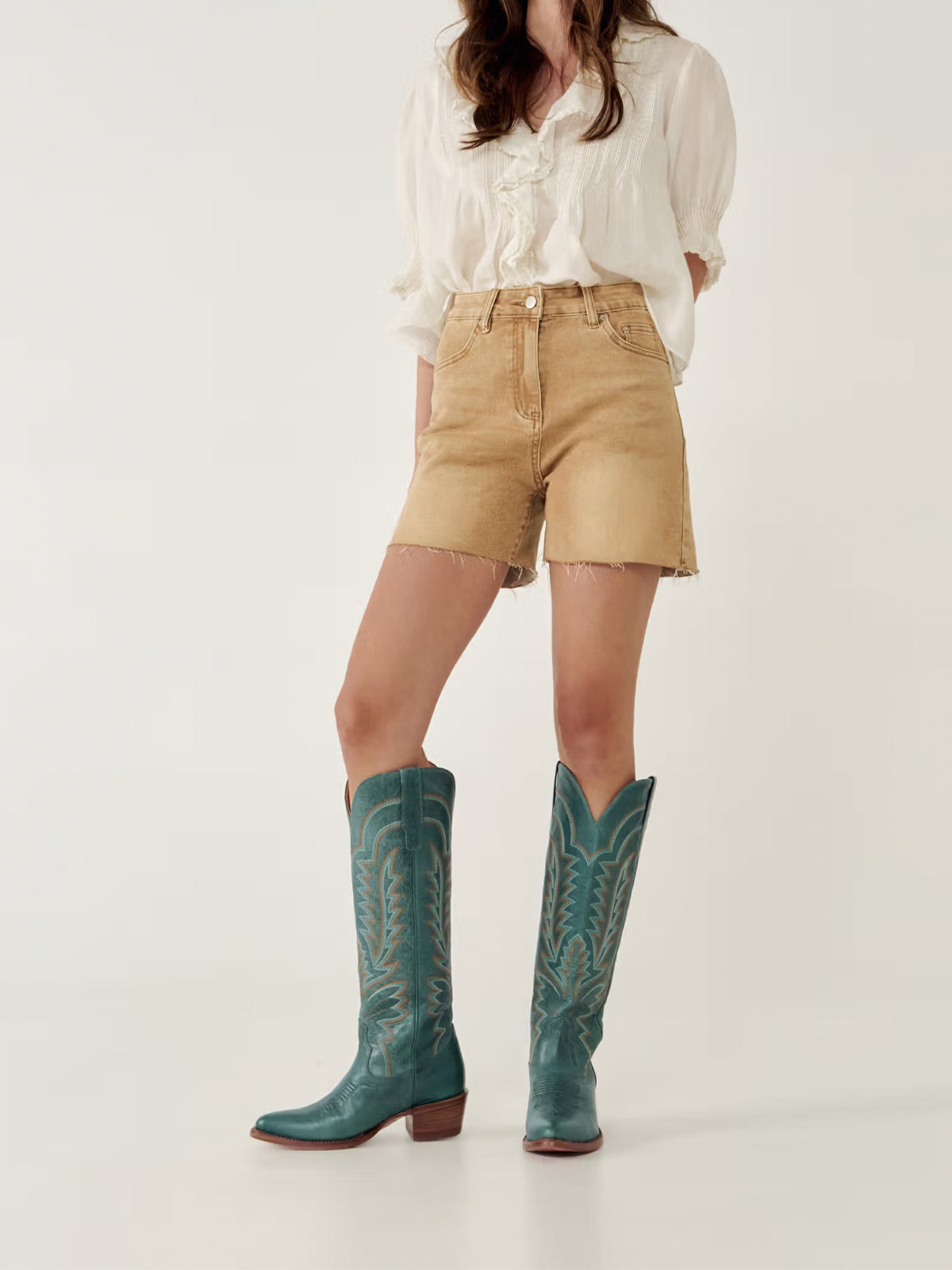 Western Embroidery Almond-Toe Tall Knee High Cowgirl Boots - Green