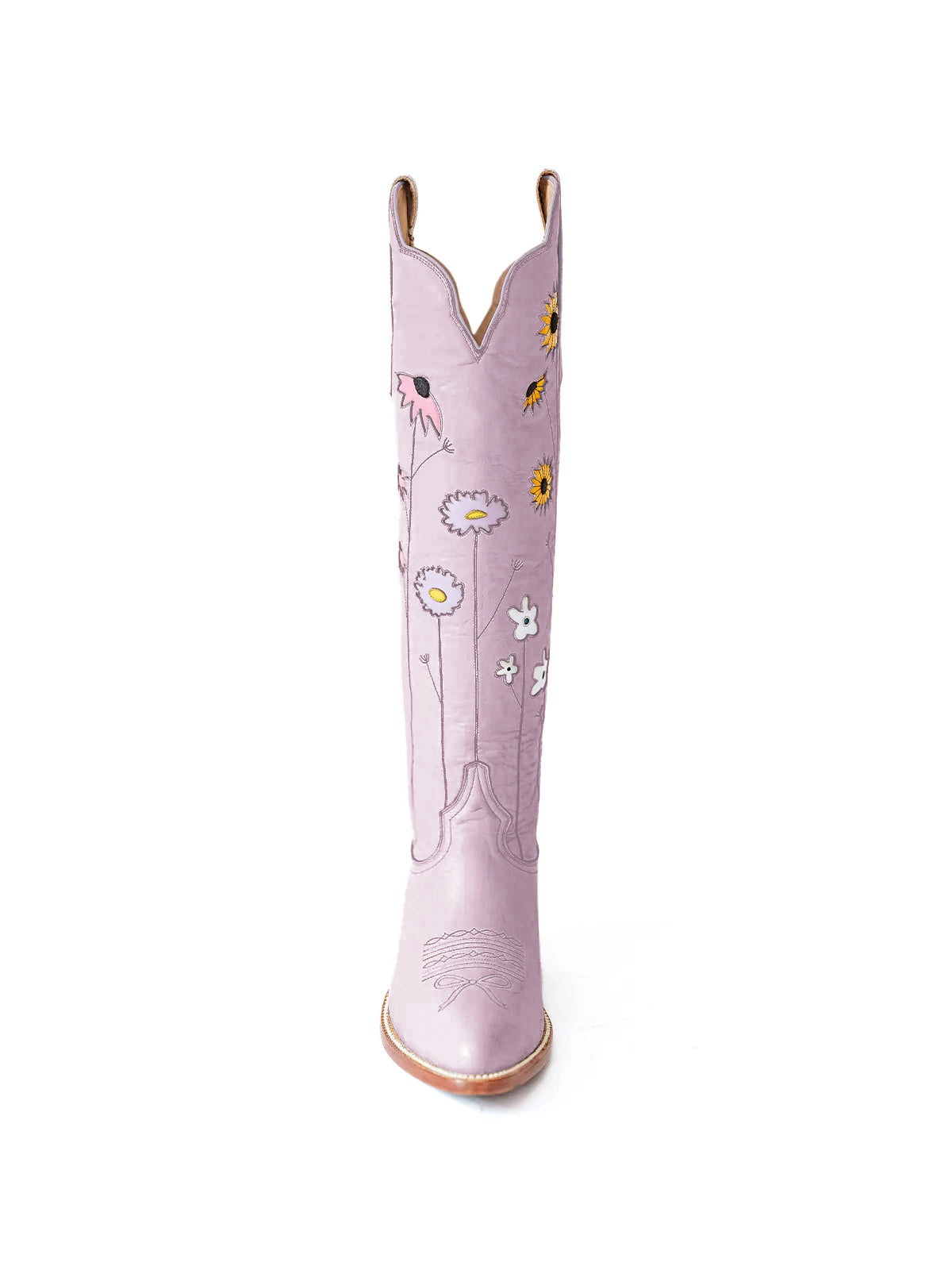 Light Purple Almond-Toe Colorful Flowers Inlay Wide Calf Knee High Cowgirl Boots