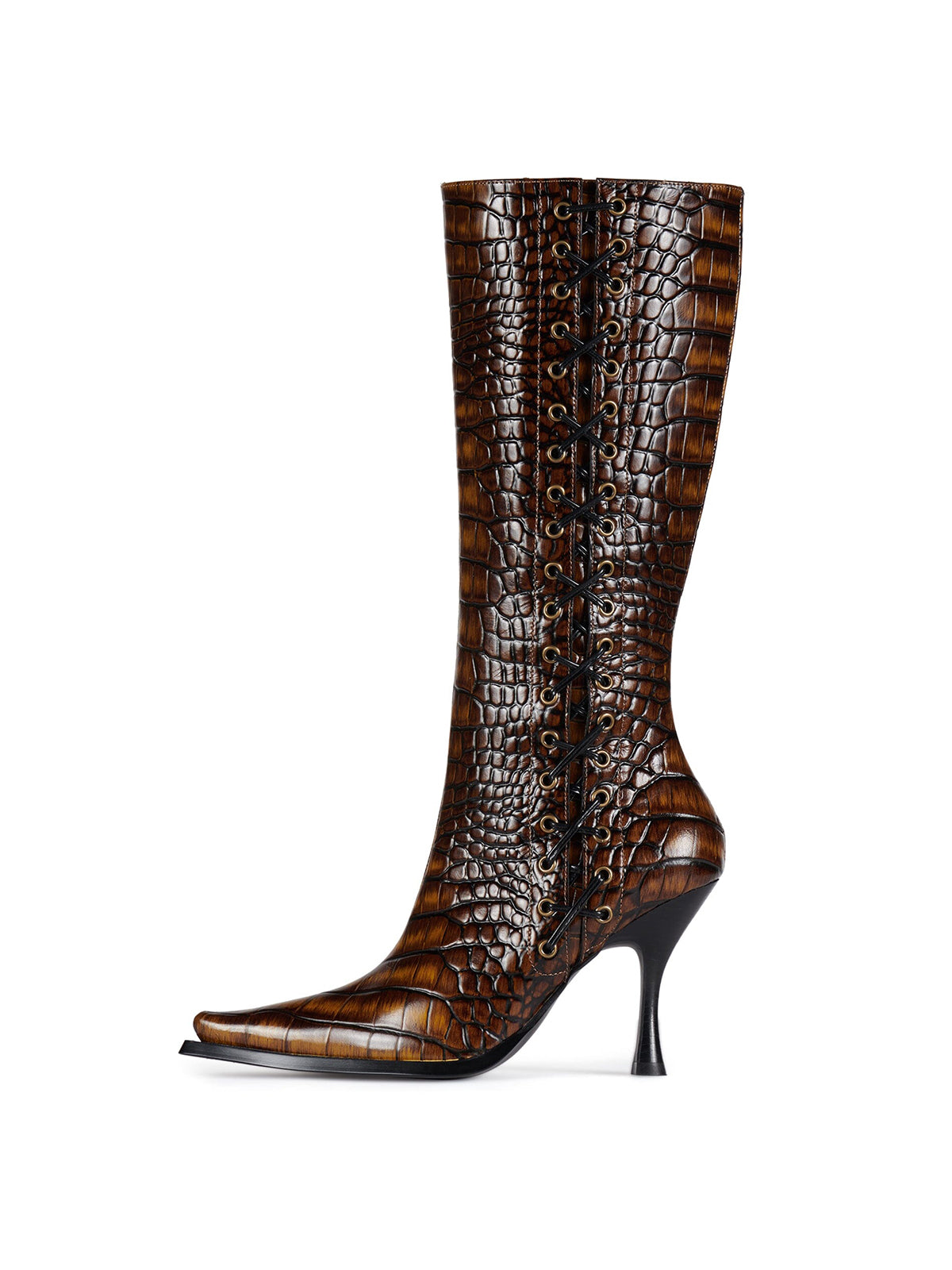 Brown Pointed-Toe Lace-Up And Full-Zip Wide Calf Knee High Stiletto Boots