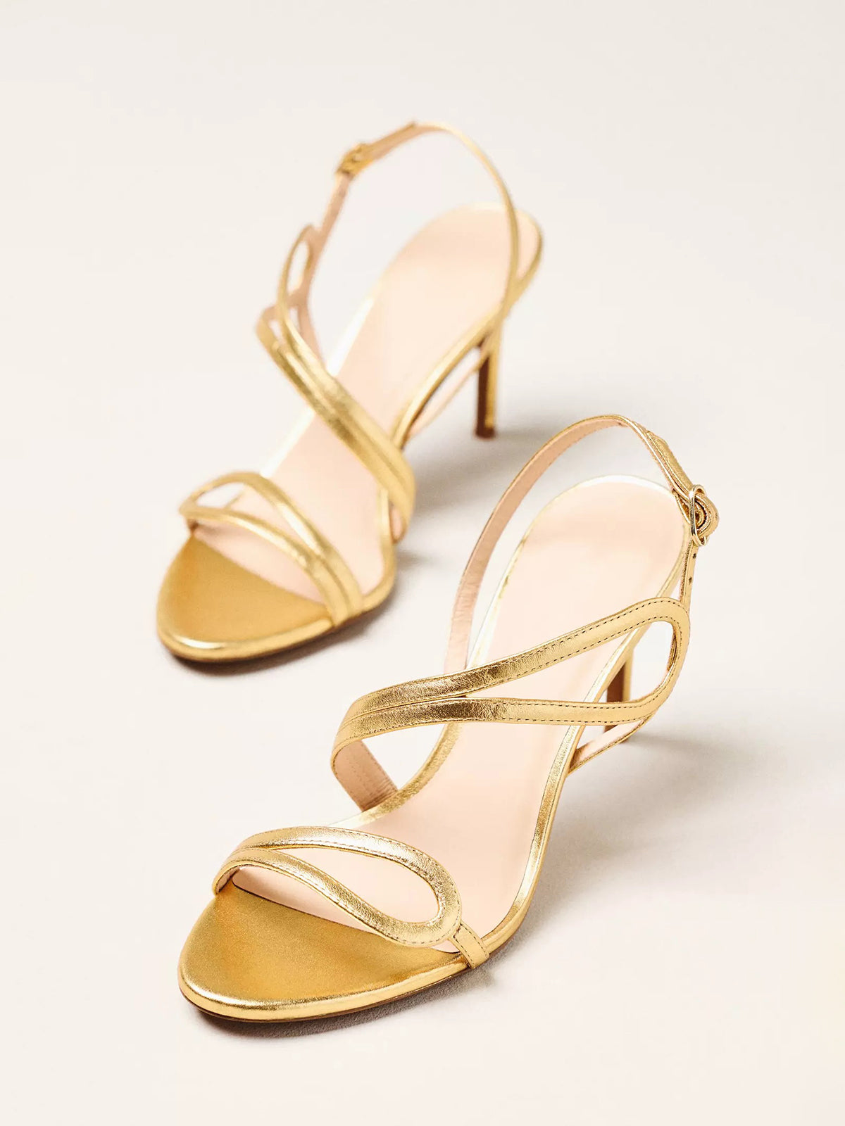 Metallic Gold Peep Round-Toe Ankle Wrap High Heels