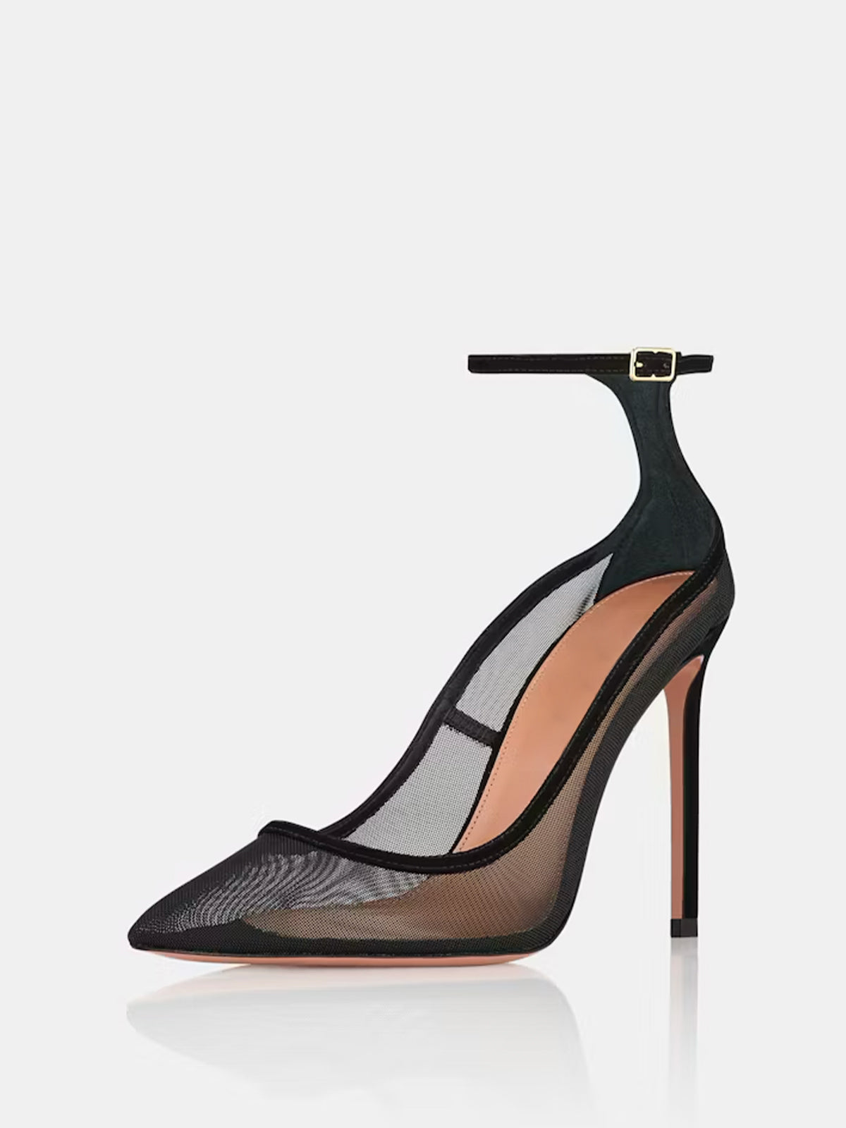 Black Mesh Pointed-Toe High Heels Pumps With Ankle Strap