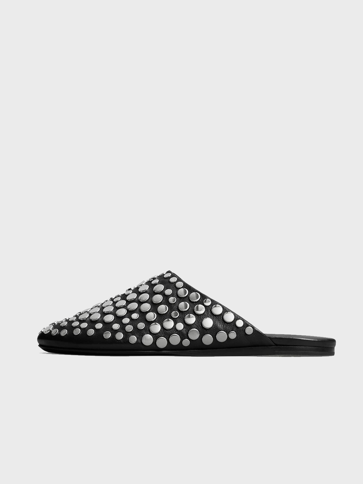 Black Round-Toe Studded Mule Flats