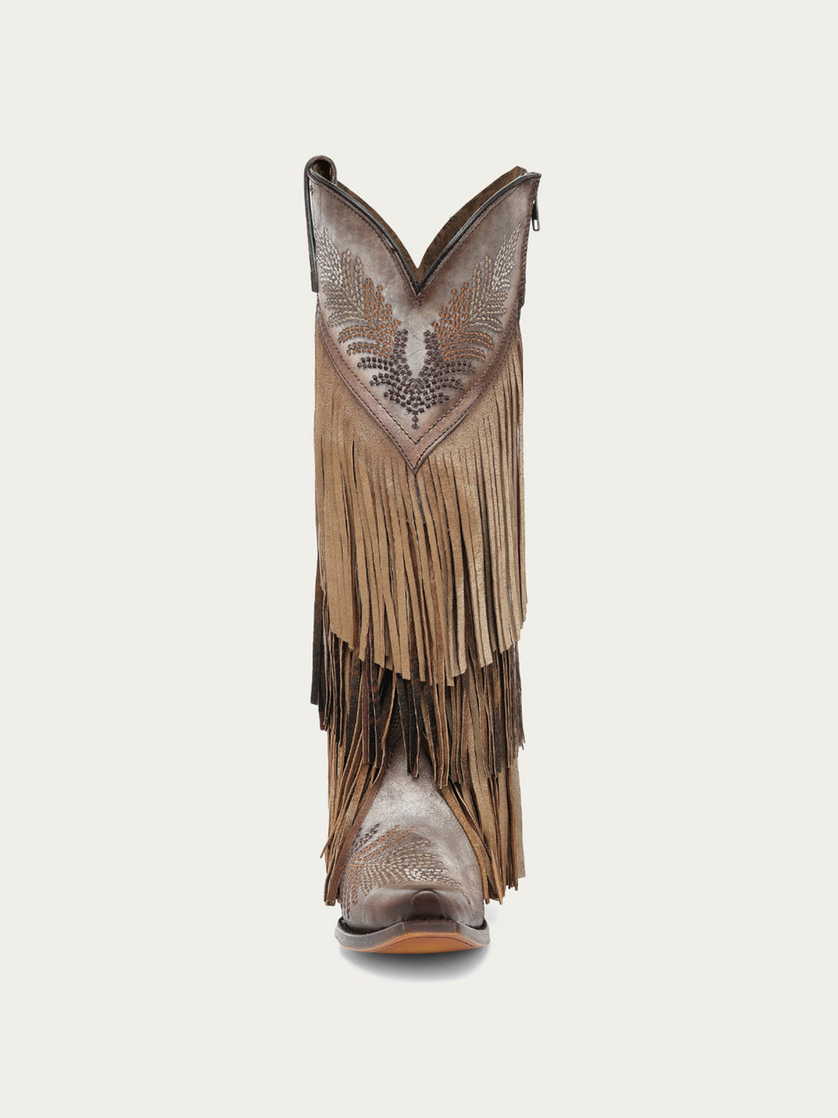 Brown Faux Suede Snip-Toe Chic Fringe And Embroidery Full-Zip Knee High Cowgirl Boots