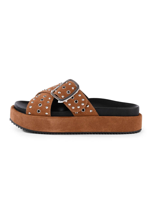 Tan Faux Suede Round-Toe Crossed Straps With Eyelets And Rhinestones Sandals