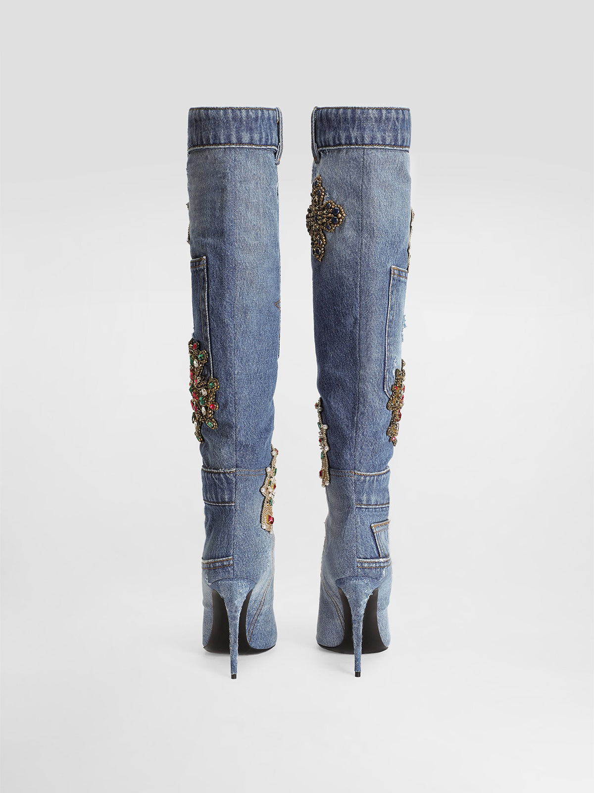 Blue Denim Pointed-Toe Crystals Appliqués Wide Calf Knee High Stiletto Boots