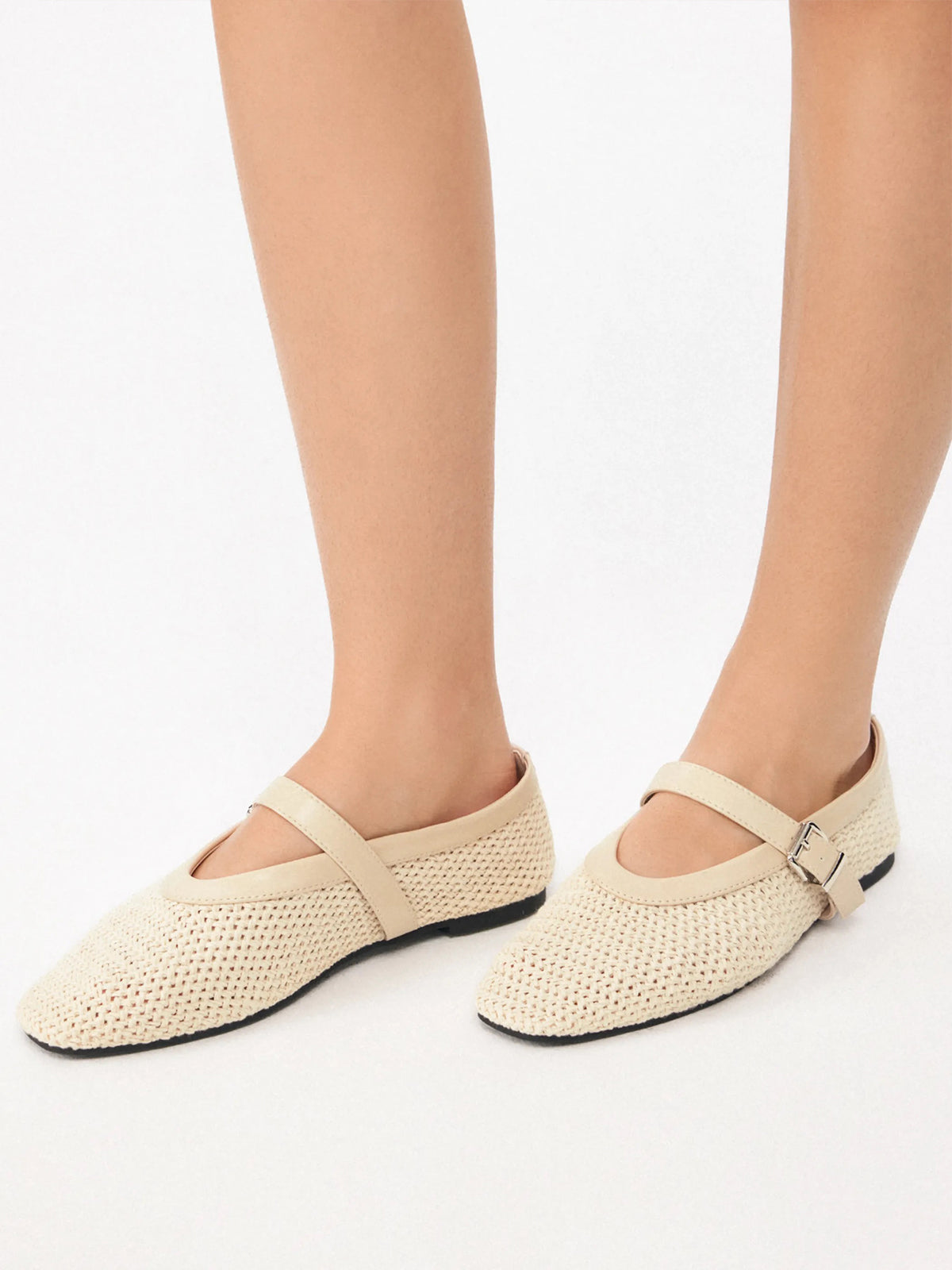Cream Woven Square-Toe Classic Mary Jane Flats