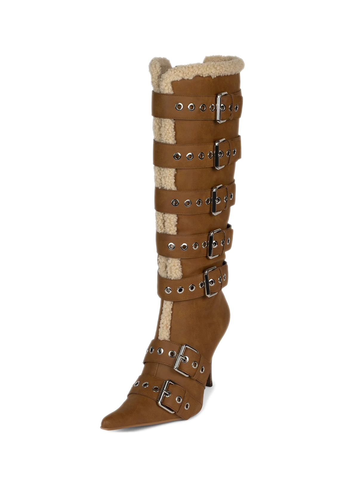 Tan Pointed-Toe Plush Full-Zip Knee High Stiletto Boots With Buckles