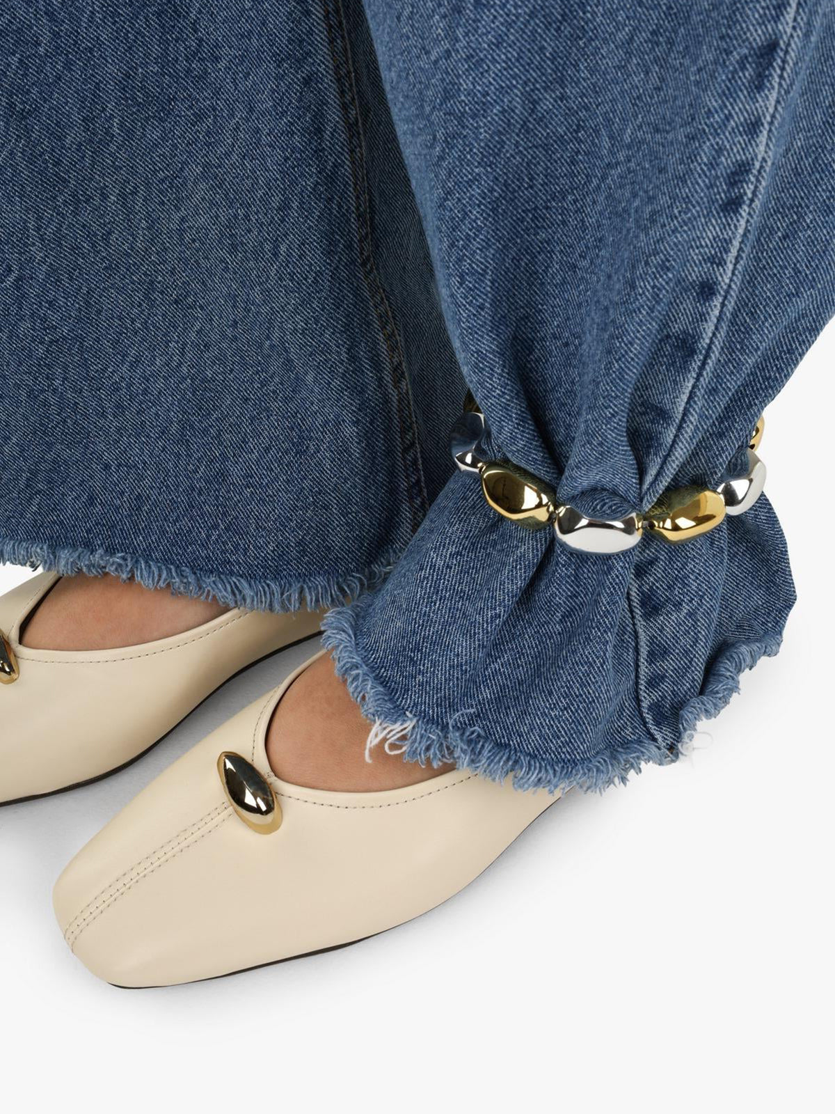Cream Yellow Square-Toe Front Gold Metal Detail Slip-On Flats