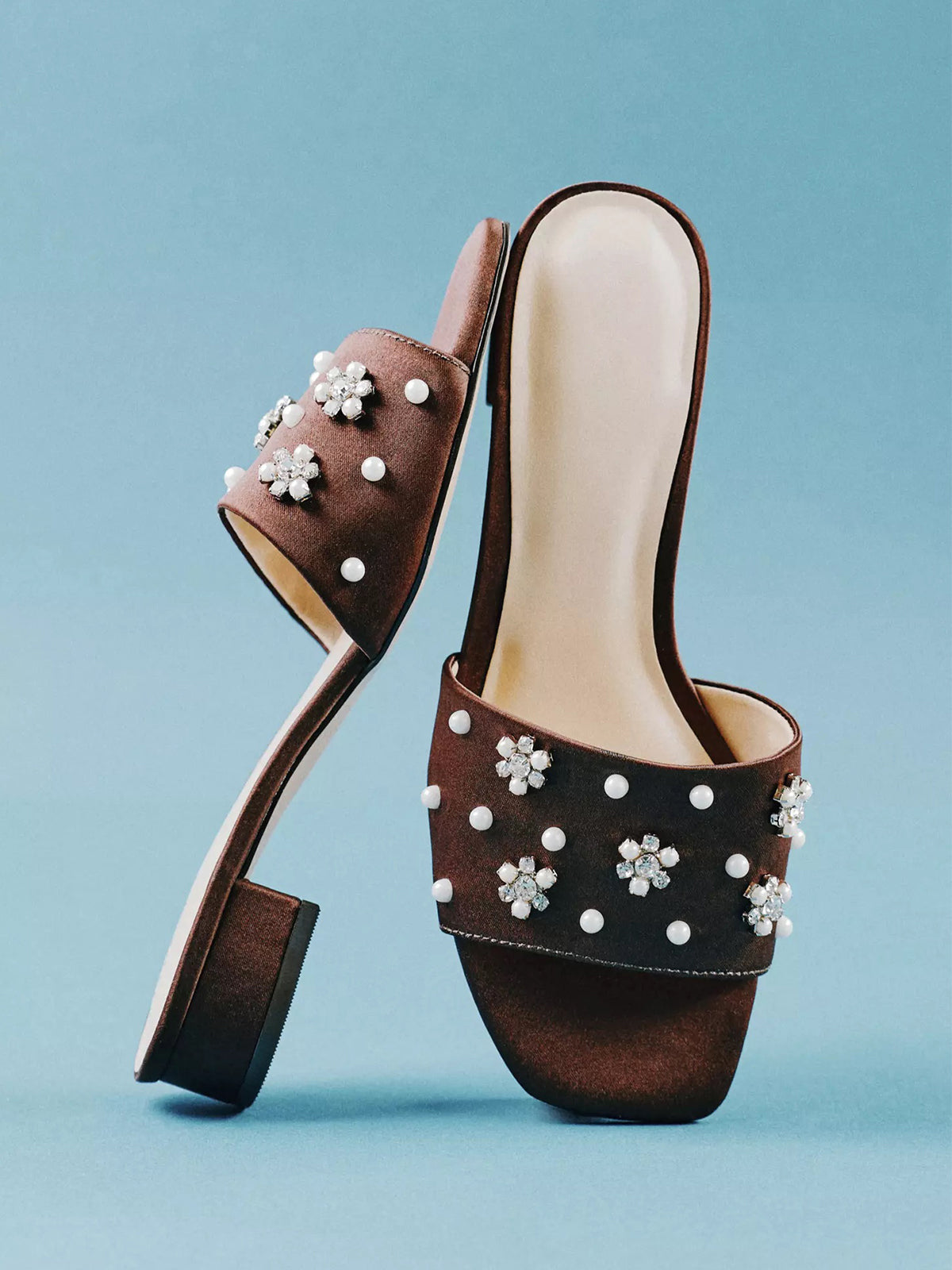Brown Satin Square-Toe Pearl And Rhinestones Flower Applique Slide Sandals Flats