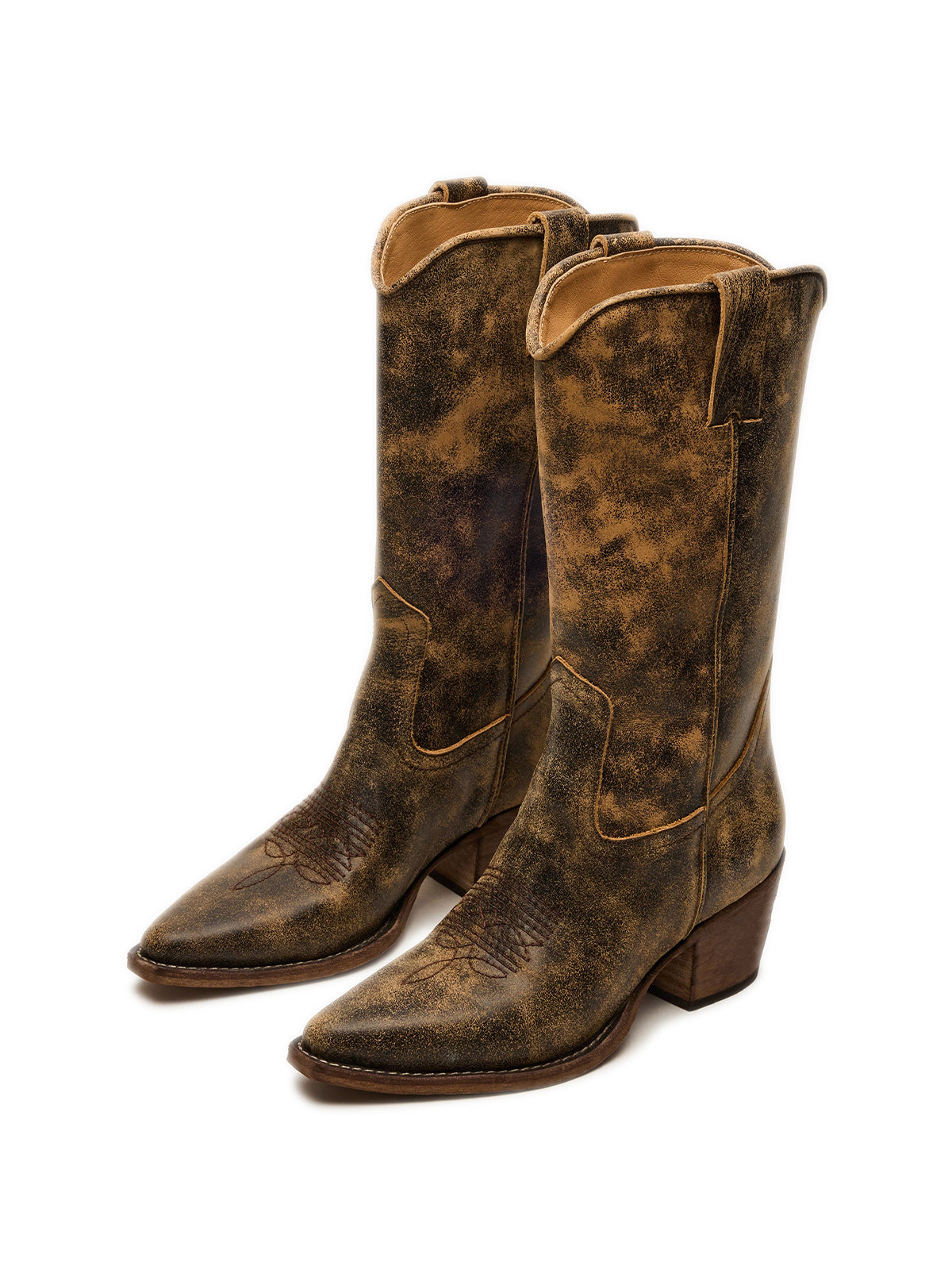 Distressed Brown Pointed-Toe Simple Mid Calf Cowgirl Boots