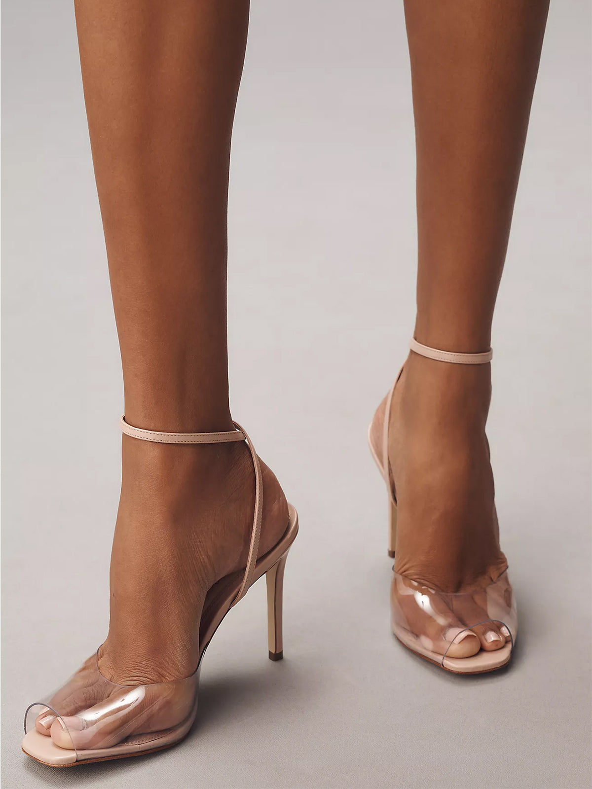 Light Pink And Transparent Film TPU Square-Toe Ankle Strap High Heels