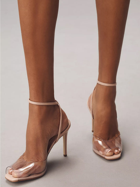 Light Pink And Transparent Film TPU Square-Toe Ankle Strap High Heels