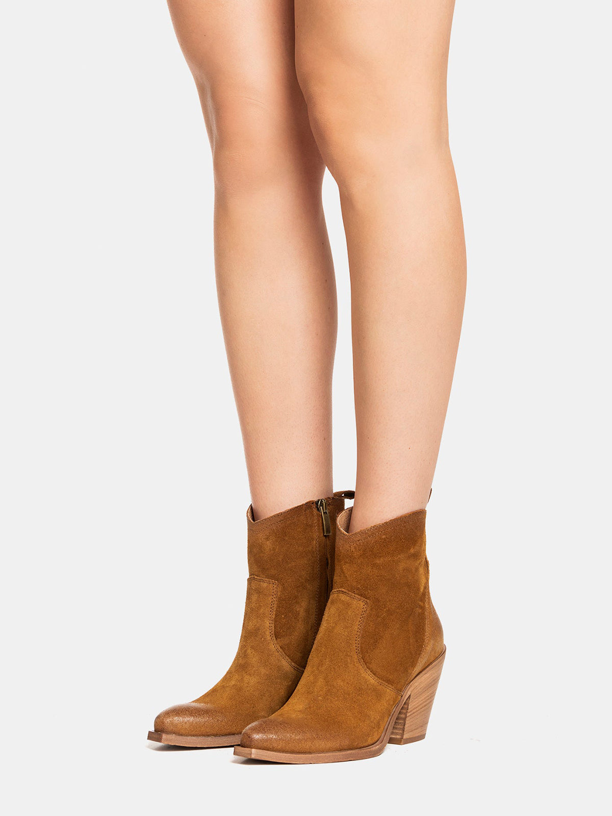 Brown Faux Suede Snip-Toe Side Full-Zip Classic Ankle Cowgirl Boots