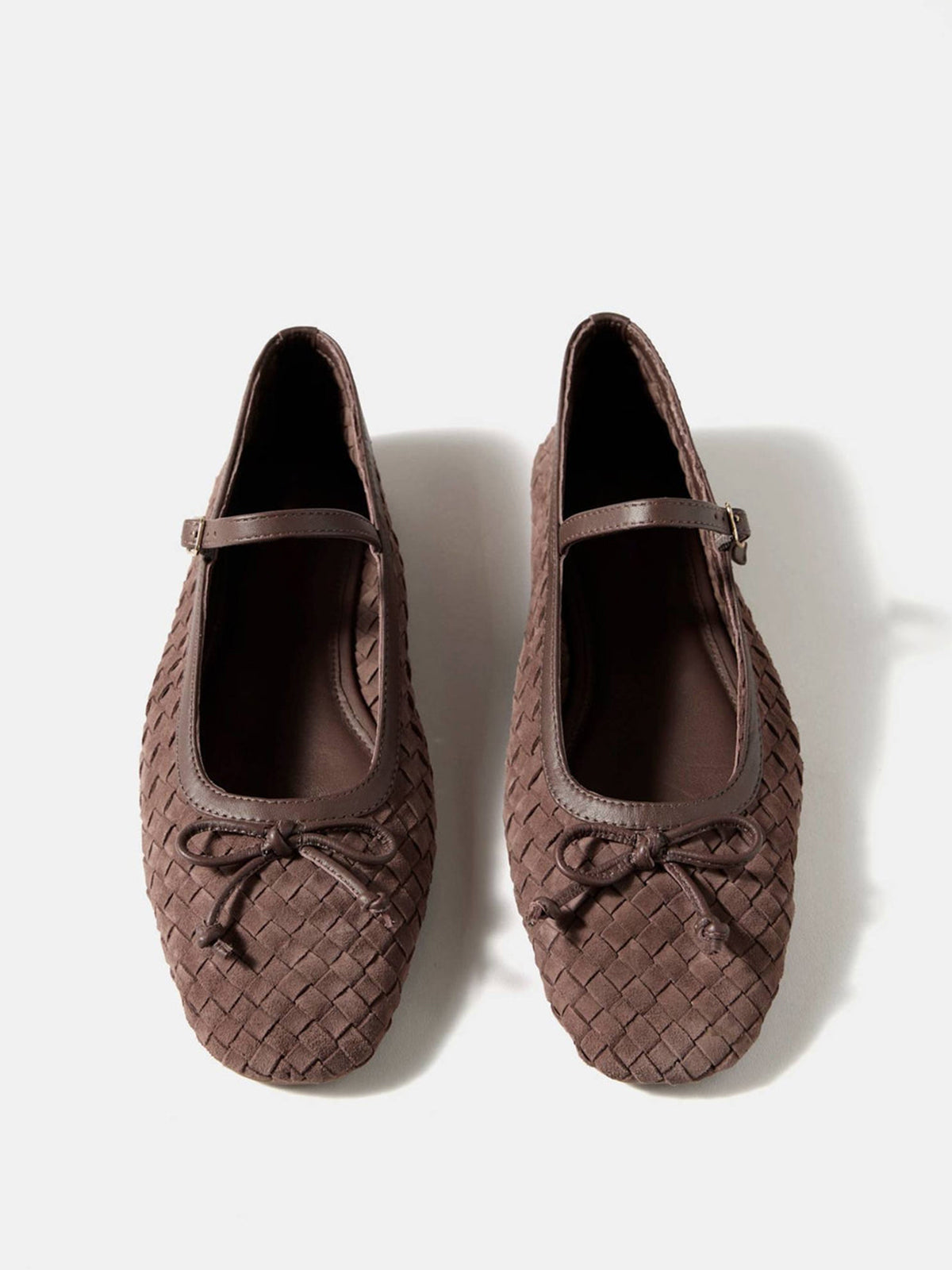 Brown Woven Faux Suede Square-Toe Front Bow And Mary Jane Flats