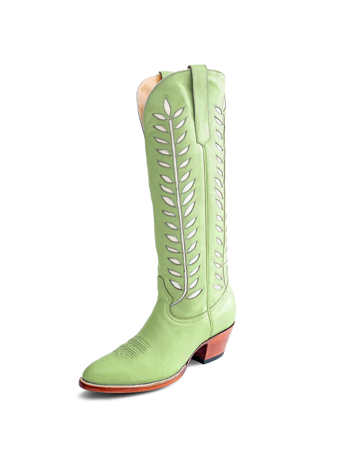 Almond-Toe White Leaves Inlay Wide Calf Tall Knee High Cowgirl Boots - Green