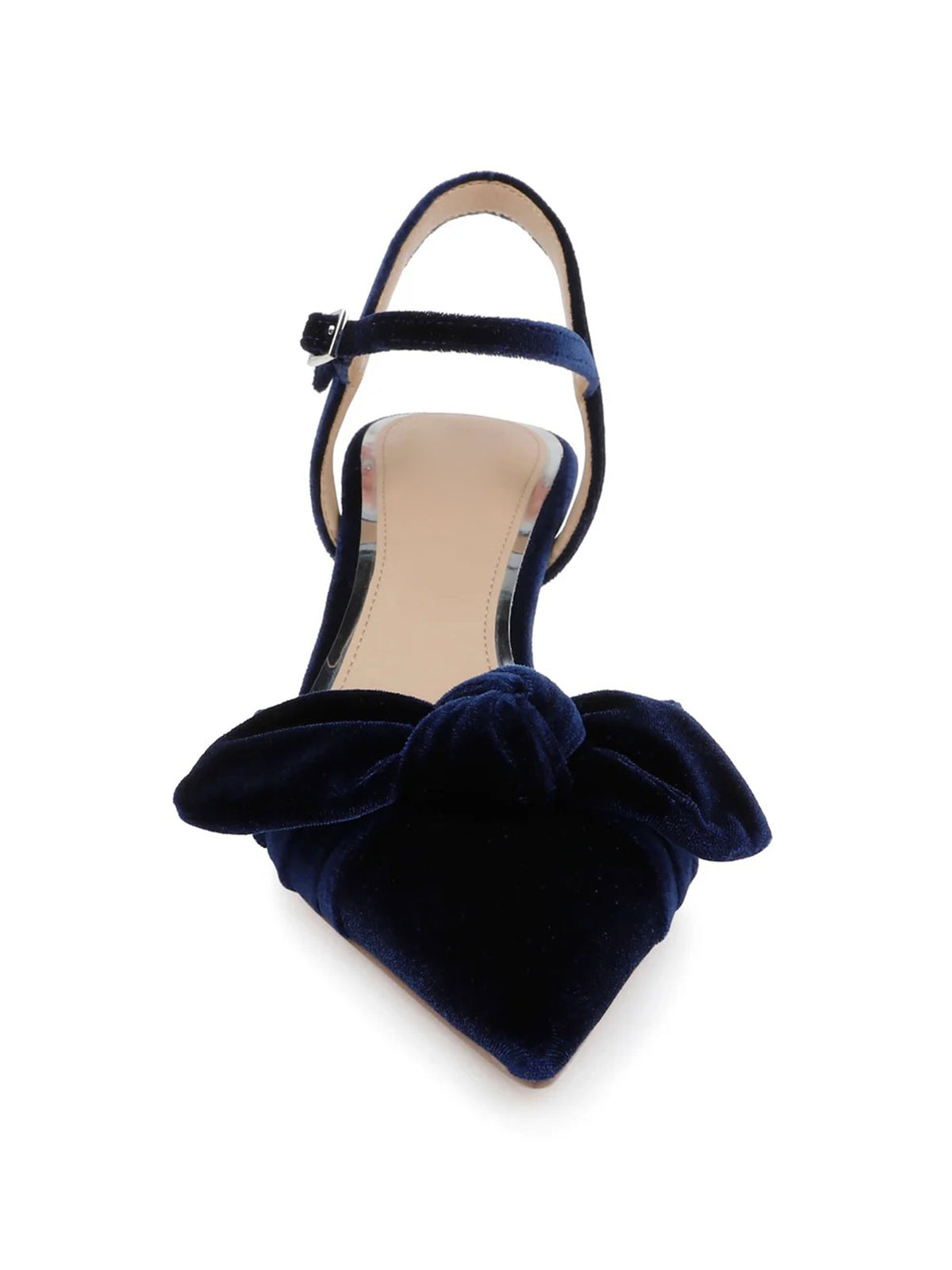 Navy Velvet Pointed-Toe Front Bow Crossed Slingback Chic Kitten Heels