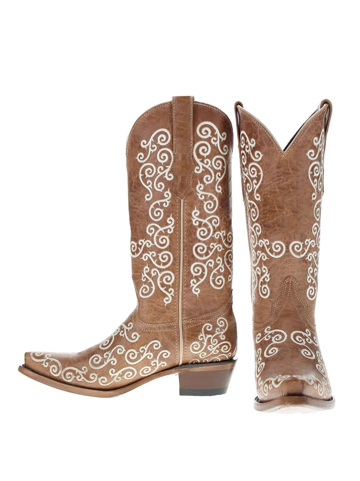 Brown Snip-Toe Curl Embroidery Mid Calf Cowgirl Boots