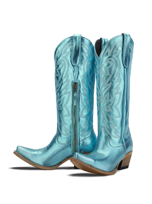 Western Snip-Toe Embroidery Classic Knee High Half-Zip Cowgirl Boots - Metallic Turquoise