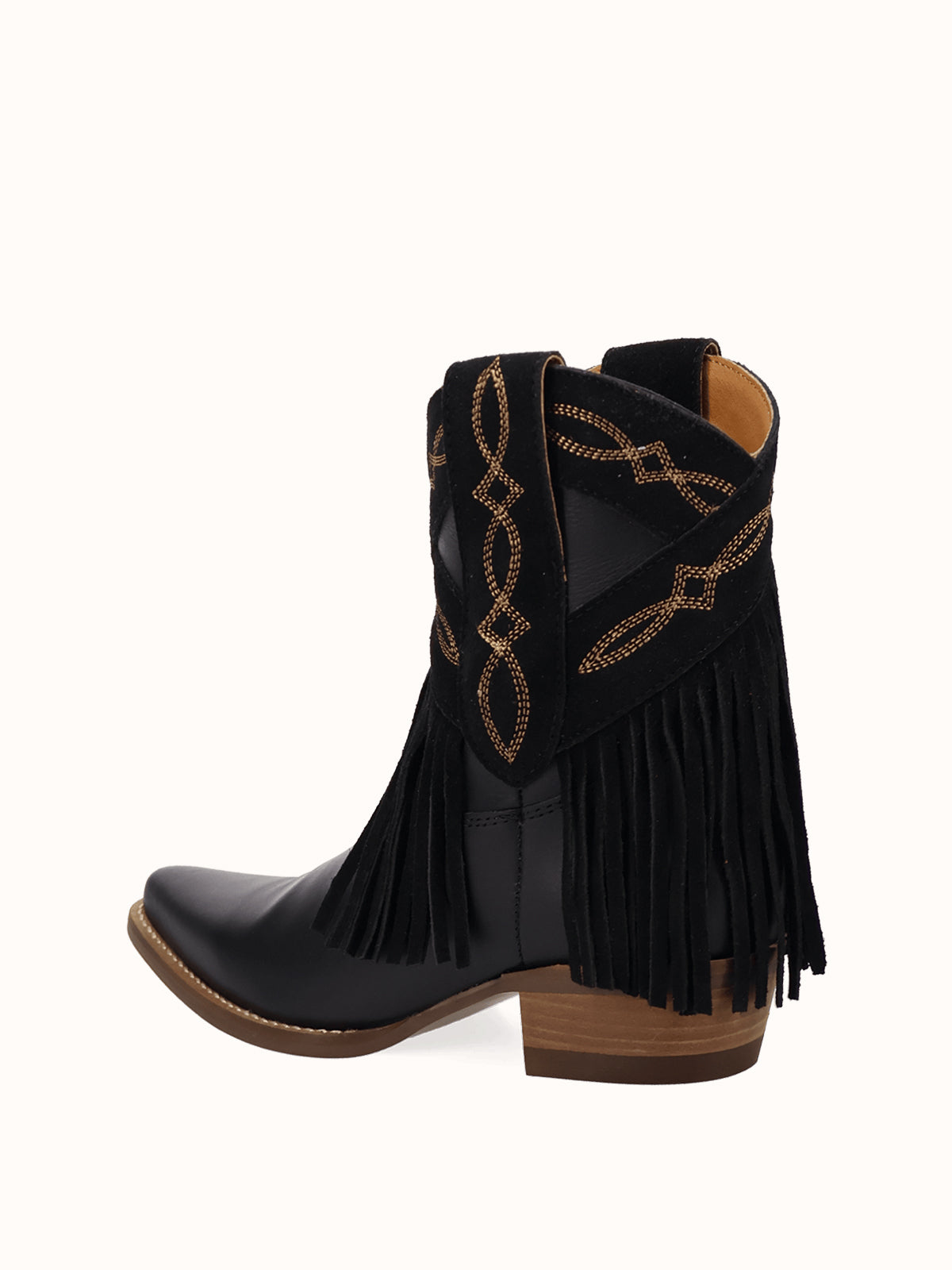 Black Snip-Toe Faux Suede Fringe Chic Ankle Cowgirl Boots