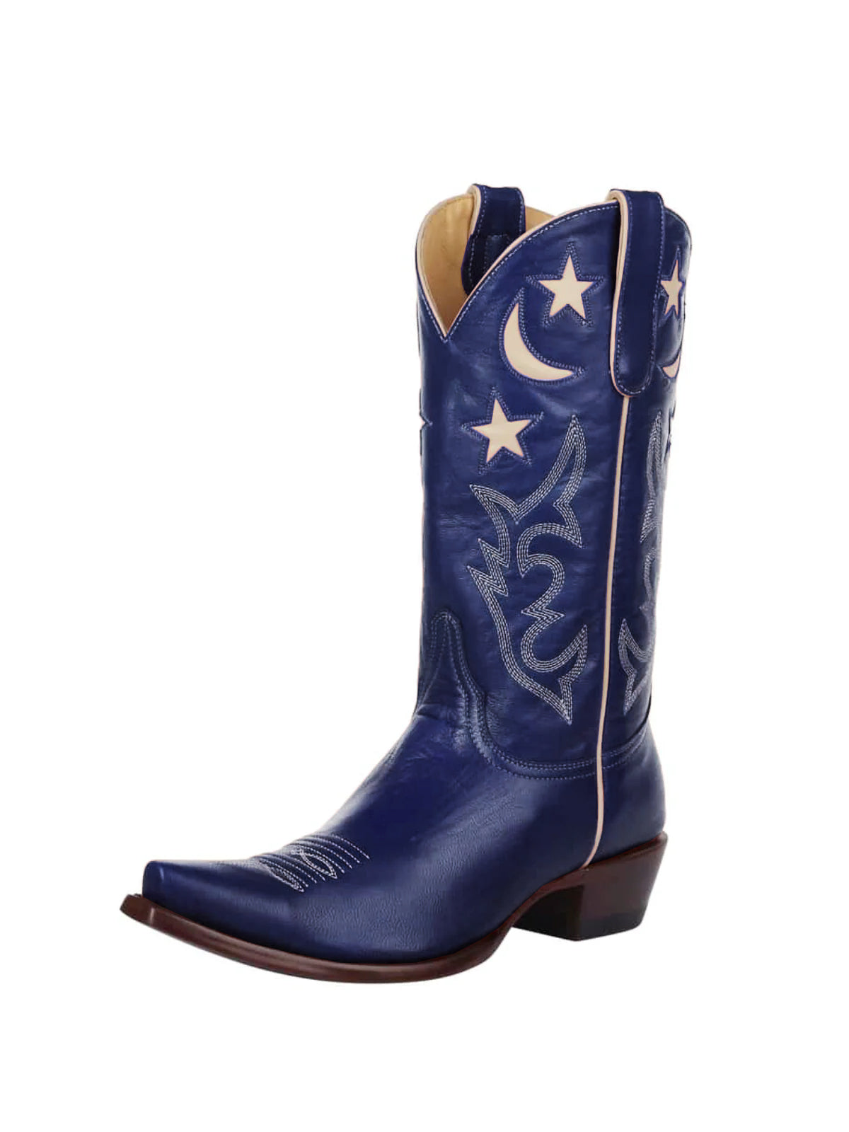 Blue Snip-Toe Moon And Star Inlay Embroidery Mid Calf Cowgirl Boots