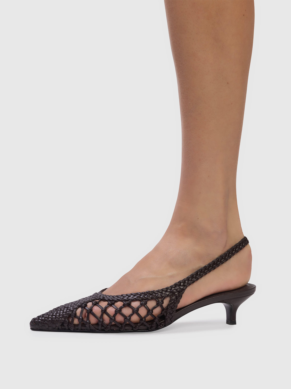 Black Woven Vegan Leather Pointed-Toe Slingback Kitten Heels
