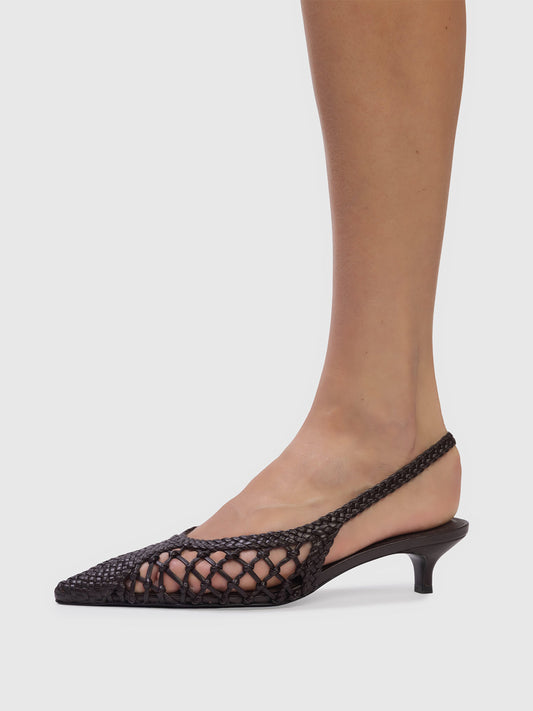 Black Woven Vegan Leather Pointed-Toe Slingback Kitten Heels