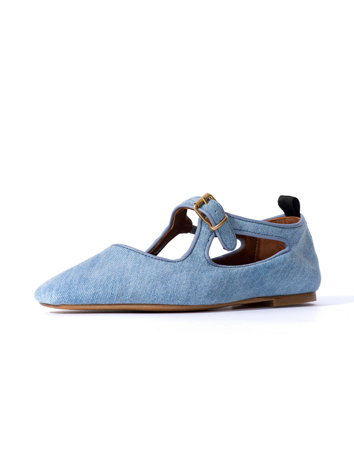 Square-Toe Buckle Strap Chic Flats - Blue Denim