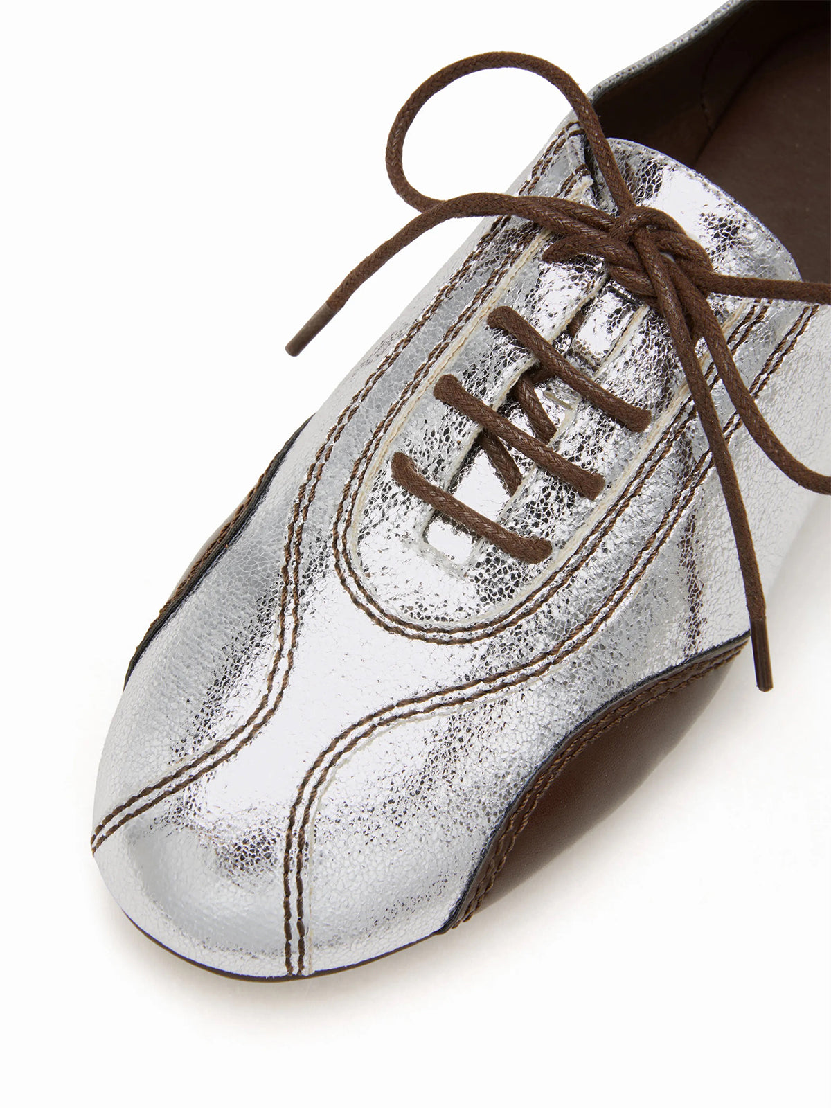 Metallic Silver Leather And Cow Leather Square-Toe Lace-Up Flats Sneakers