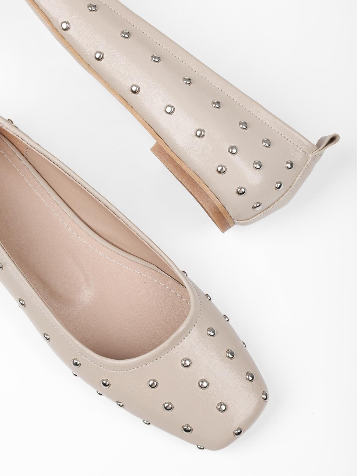 Beige Square-Toe Tiny Studs Slip-On Flats