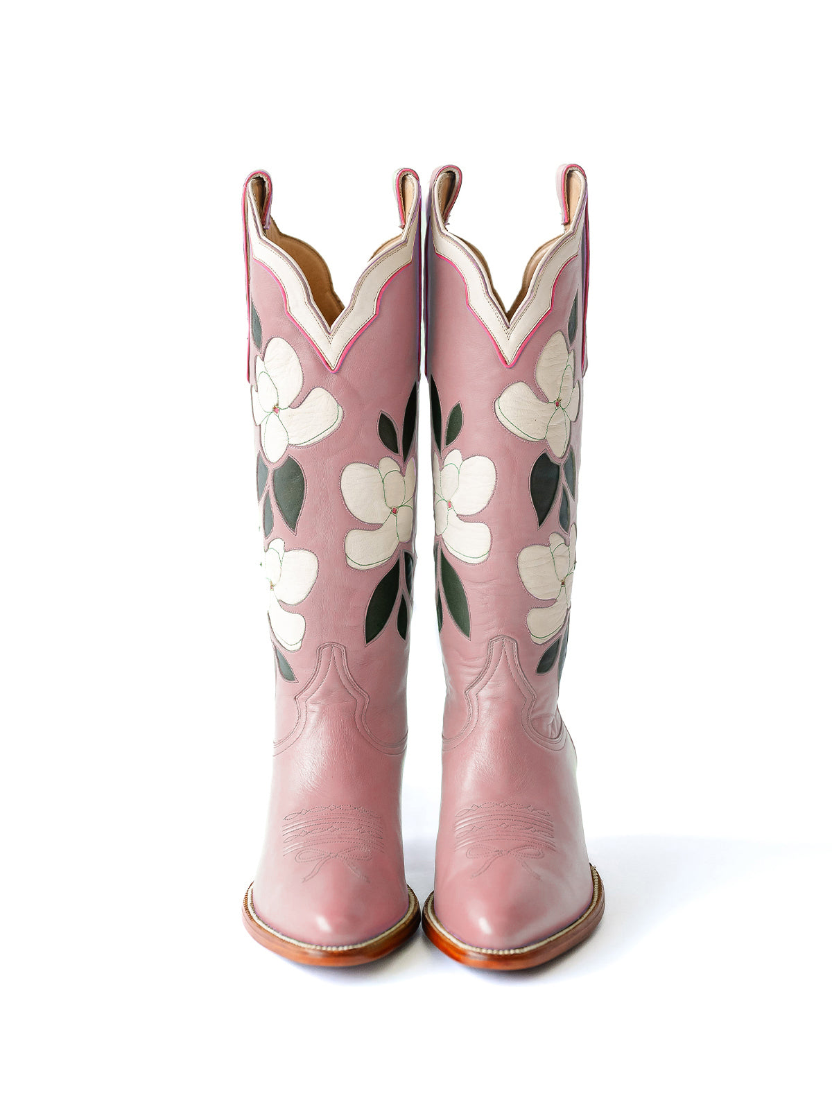 Dusty Pink Almond-Toe White Flower Inlay Wide Calf Knee High Cowgirl Boots
