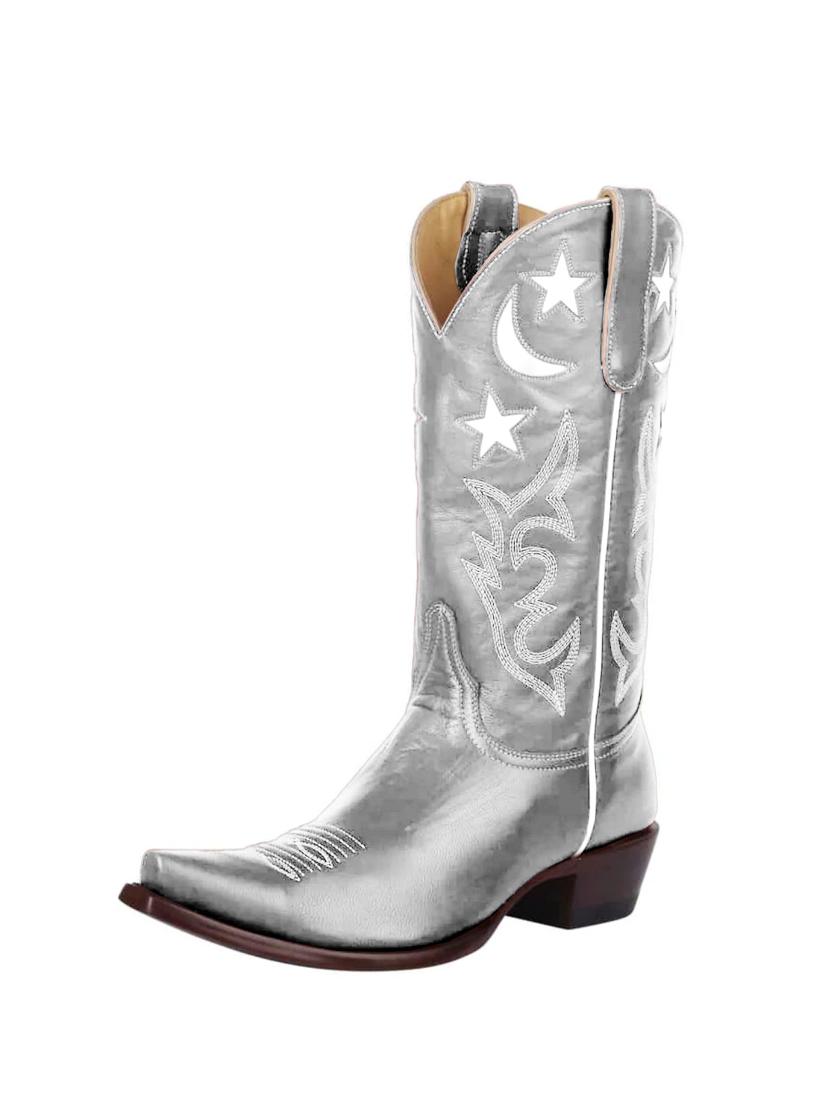 Metallic Silver Snip-Toe Moon And Star Inlay Embroidery Mid Calf Cowgirl Boots