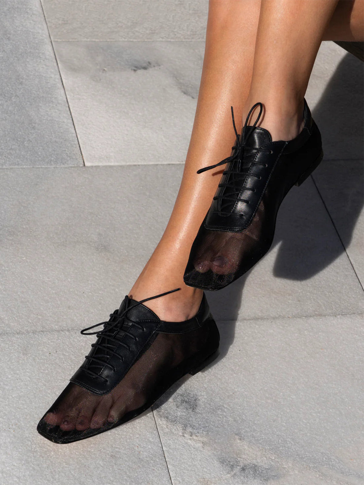 Black Mesh And Vegan Leather Square-Toe Lace-Up Simple Flats