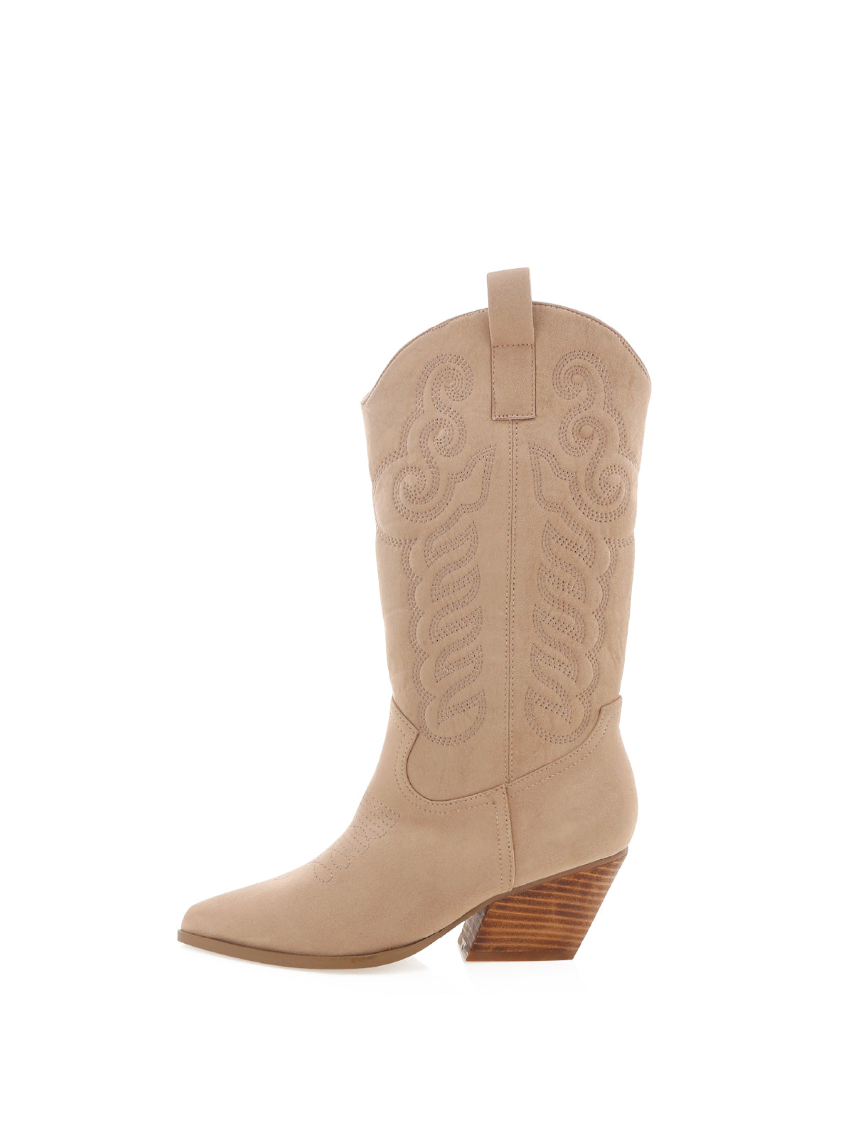 Sand Faux Suede Pointed-Toe Embroidery Western Mid Calf Cowgirl Boots