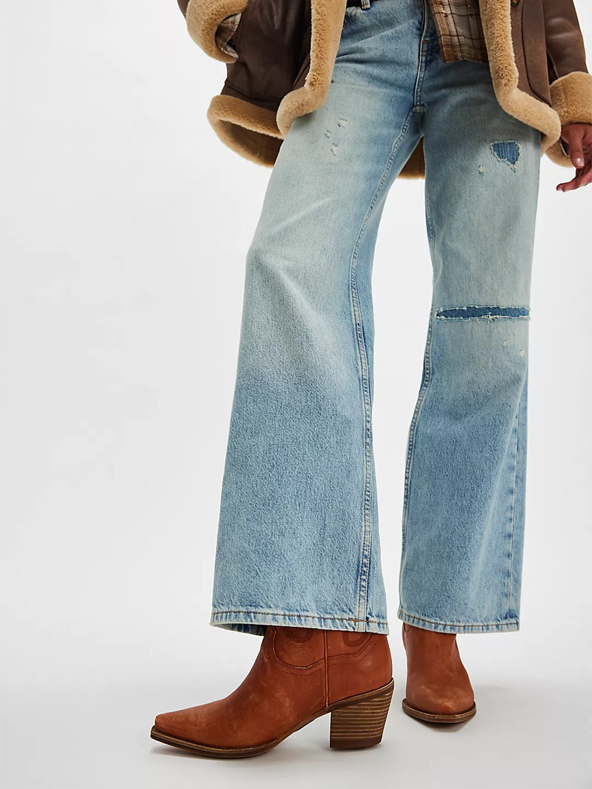 Distressed Tan Snip-Toe Western Embroidery Mid Calf Cowgirl Boots