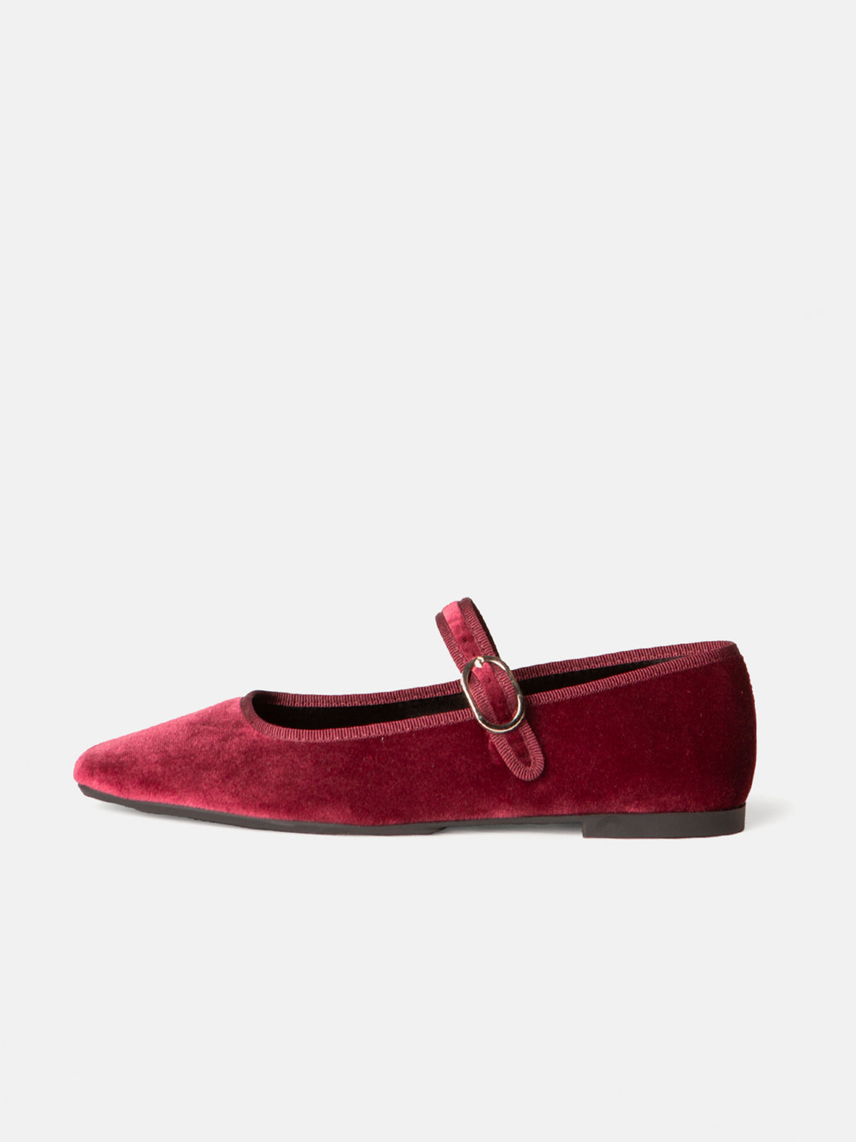 Wine Red Velvet Square-Toe Classic Bridge Strap Ballet Flats