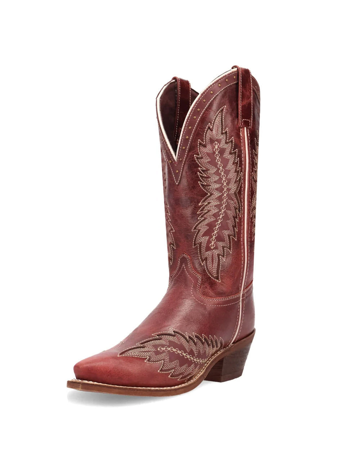 Red Snip-Toe Leaves Inlay With Embroidery Studs Mid Calf Cowgirl Boots