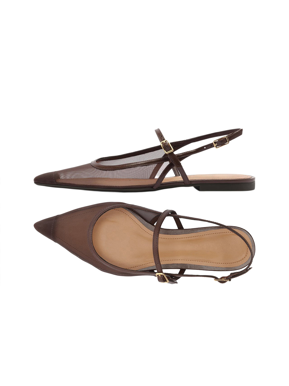 Maroon Mesh And Vegan Leather Pointed-Toe Buckle Slingback Flats