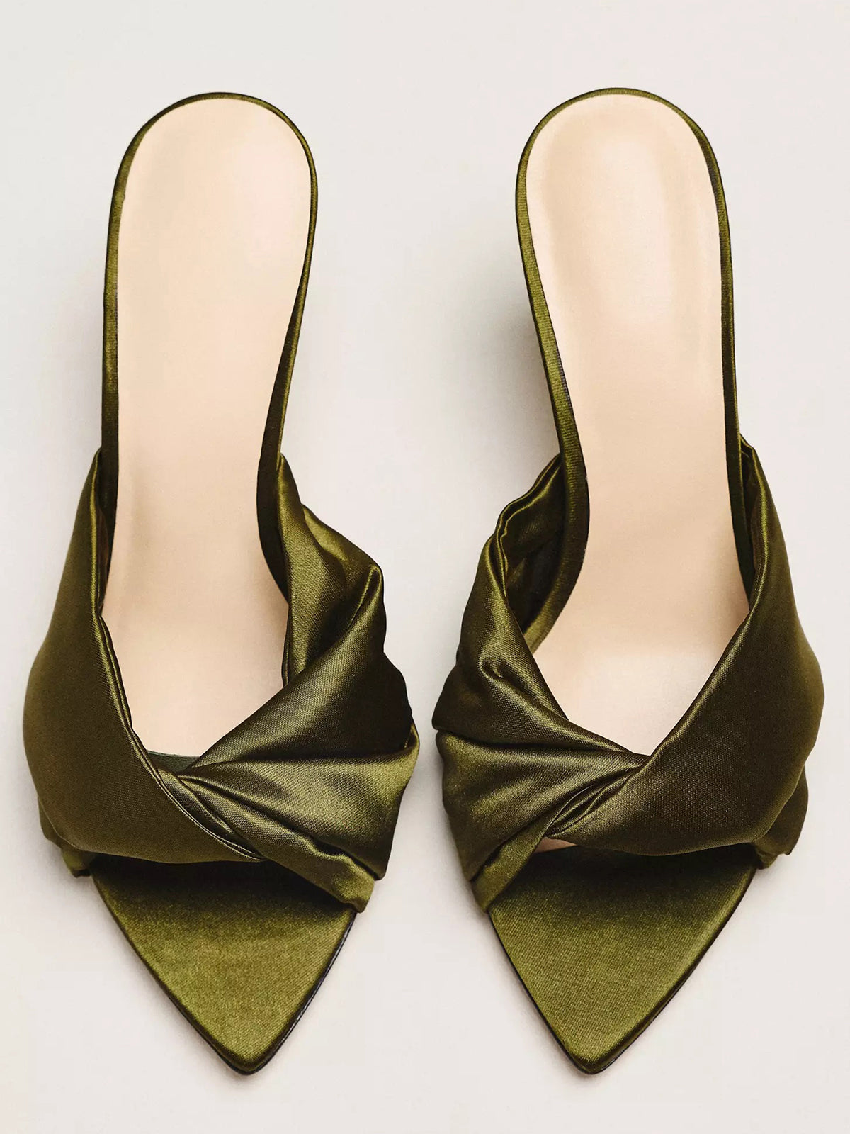 Satin Open Pointed-Toe Front Strap Backless Mules High Heels - Green