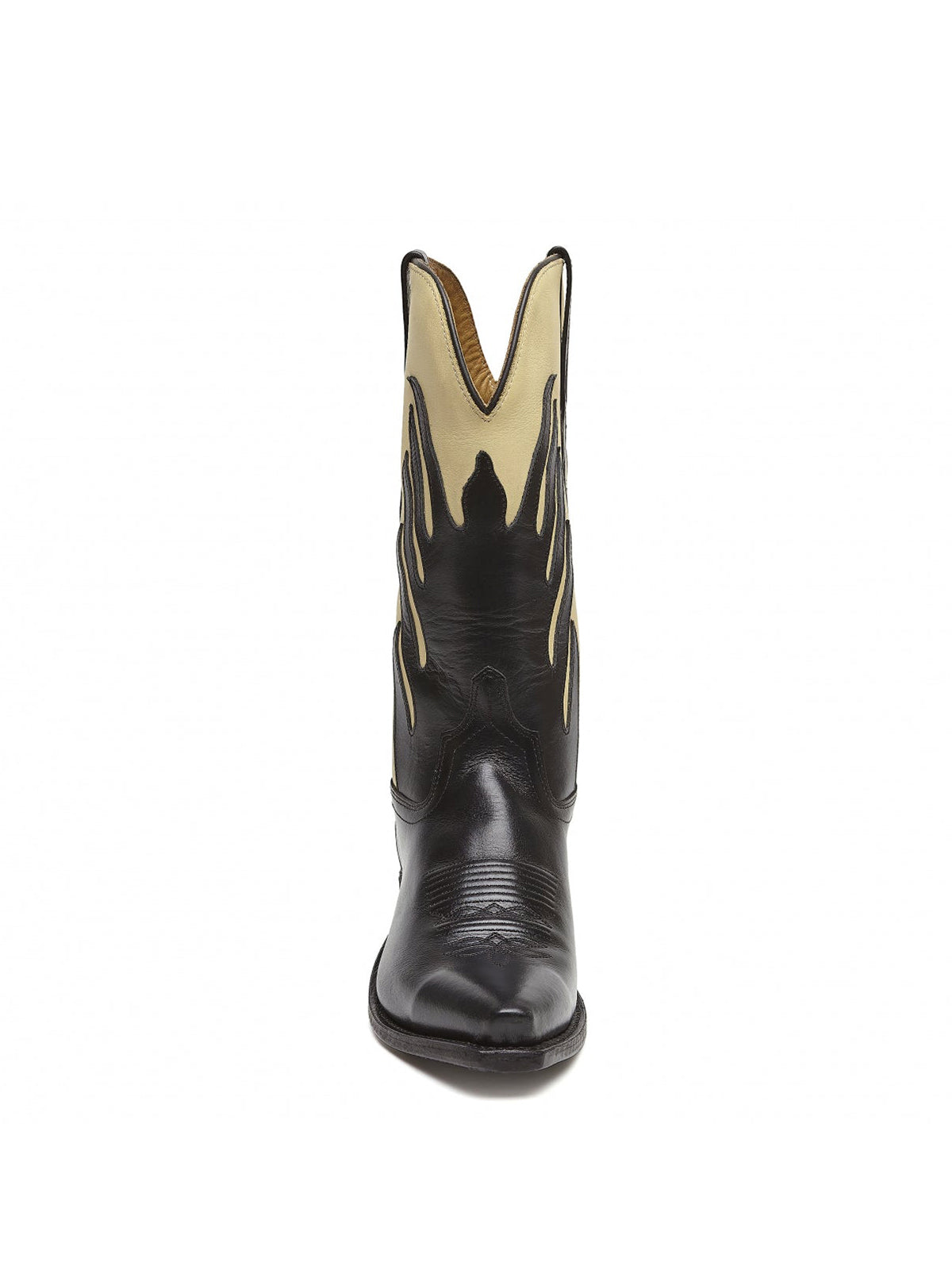 Black And Beige Snip-Toe Flame Embroidery Mid Calf Cowgirl Boots