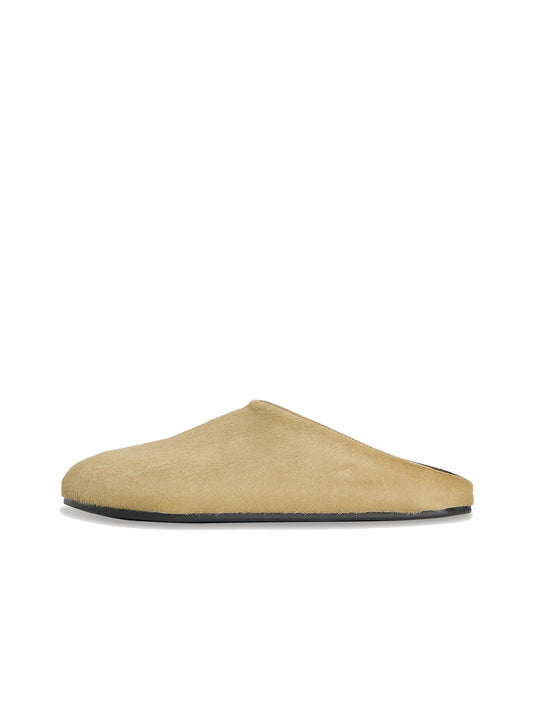 Tan Pony Hair Vegan Leather Round-Toe Simple Slip-On Flat Slides