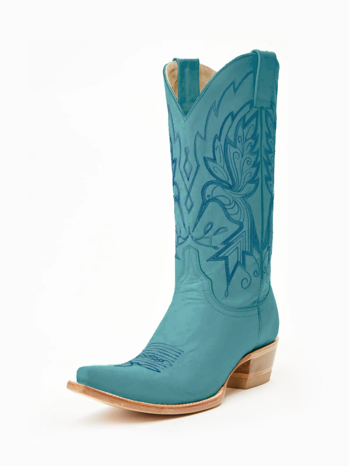 Teal Snip-Toe Vivid Bird Embroidery Mid Calf Cowgirl Boots