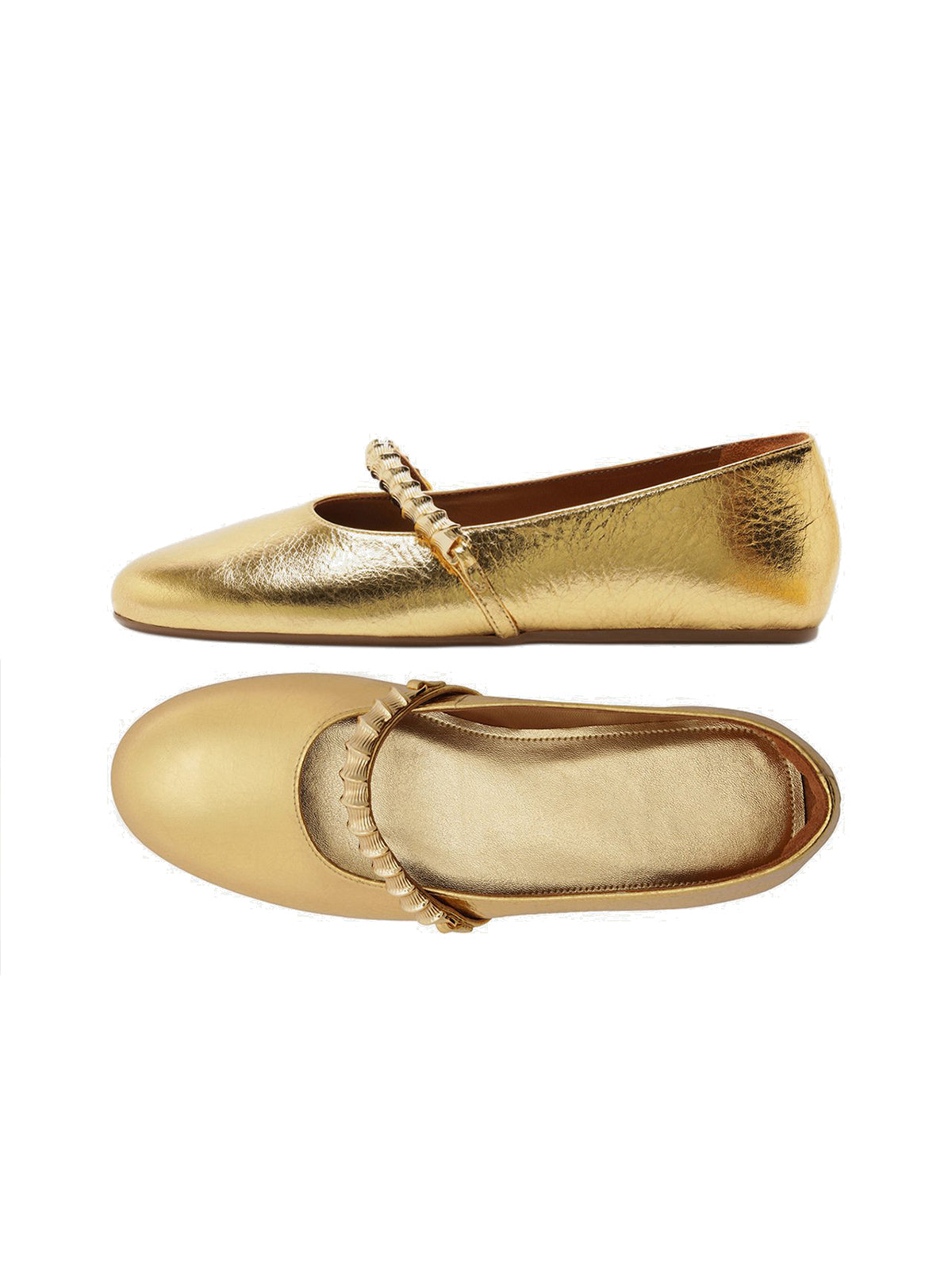 Metallic Gold Round-Toe Metal Bridge Strap Chic Flats