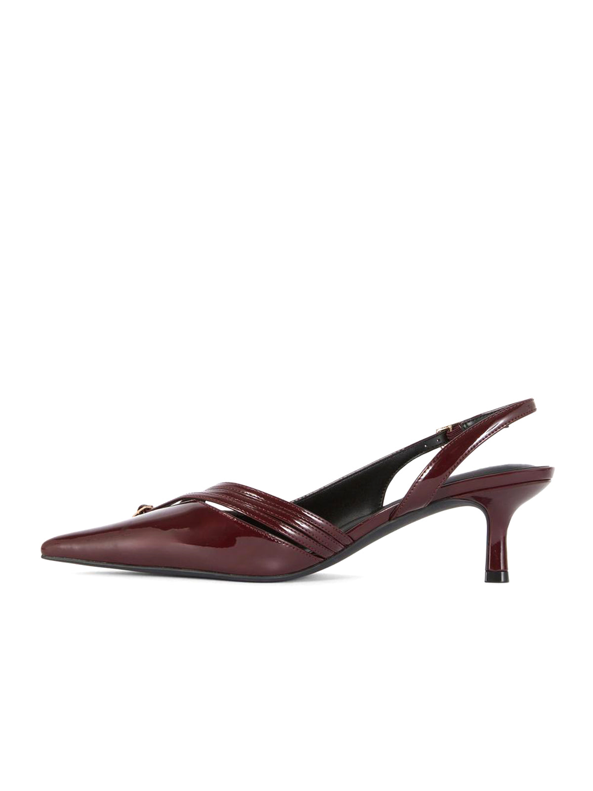 Patent Burgundy Pointed-Toe Front Three Straps Slingback Kitten Heels