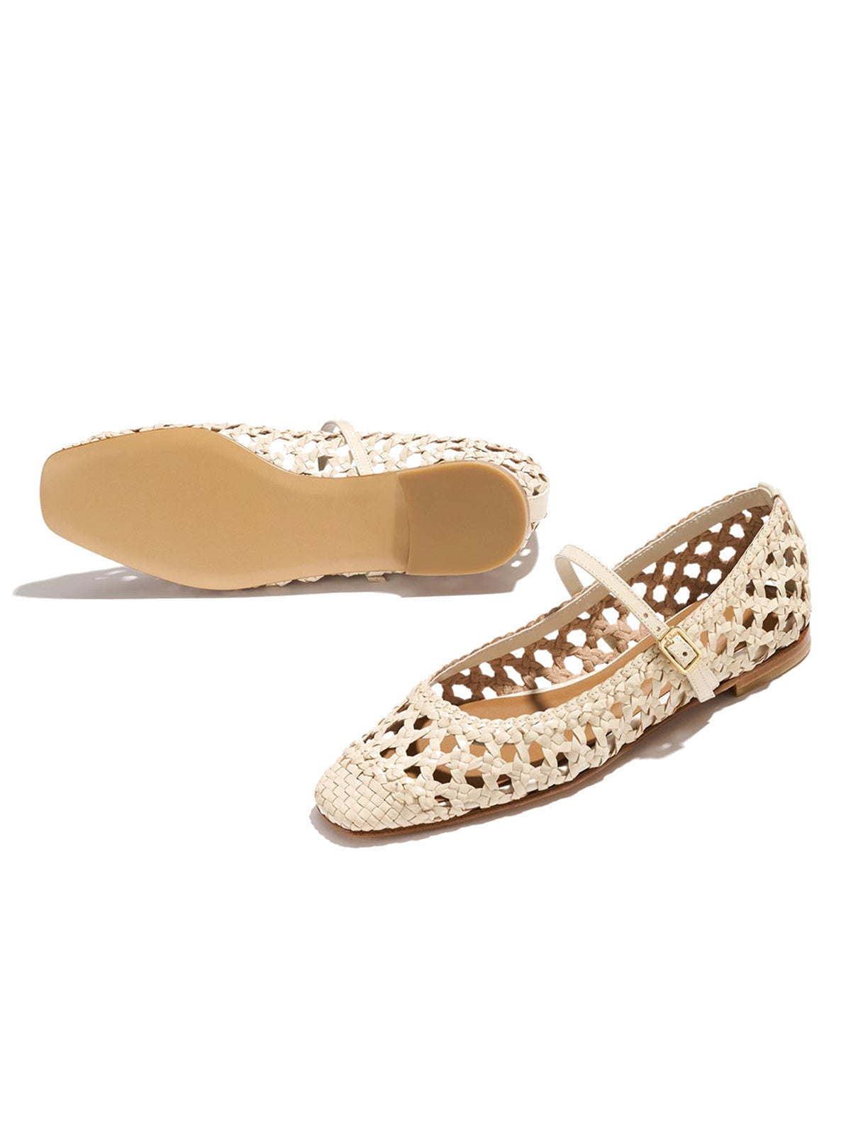 Ivory Woven Vegan Leather Square-Toe Chic Mary Jane Flats
