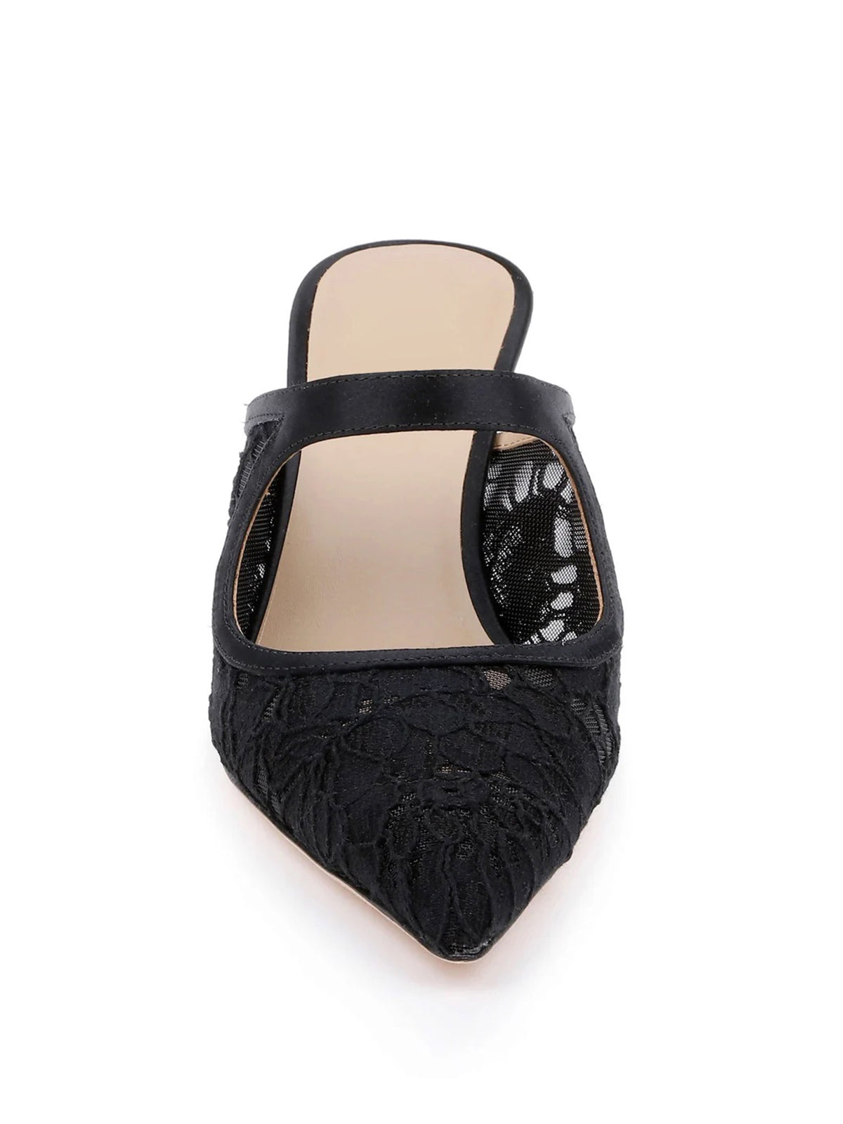 Black Lace Mesh And Satin Pointed-Toe Mary Jane Slip-On High Heels