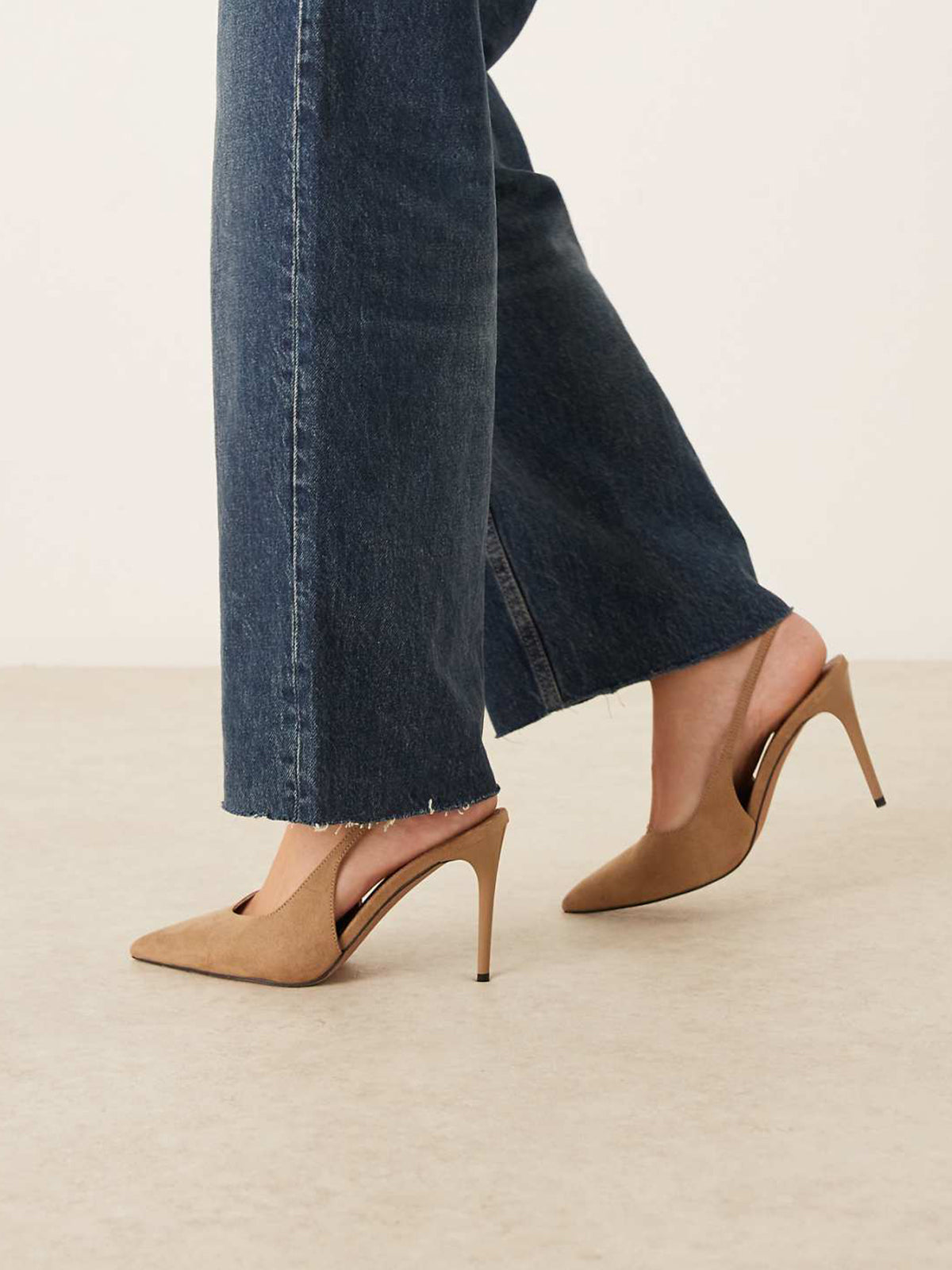 Taupe Faux Suede Pointed-Toe Classic Buckle Slingback High Heels