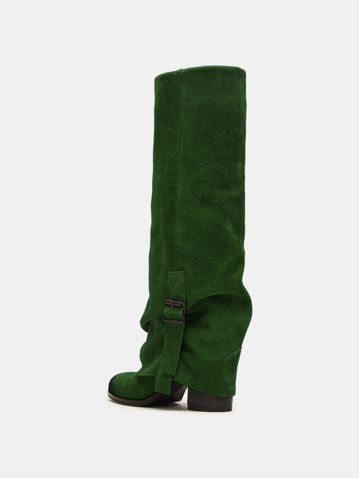 Grass Green Faux Suede Round-Toe Fold-Over Adjustable Buckle Knee High Cowgirl Boots